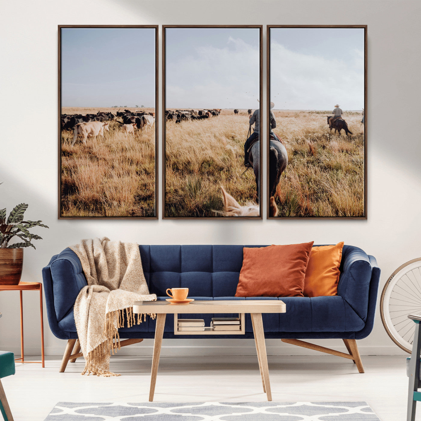 22431577-MGV-CV-36X24-Western Wall Art Wall Art Canvas Print, Framed Cowboy Canvas Art Picture Print, Cattle Drive Scene Perfect Rustic Western Decor