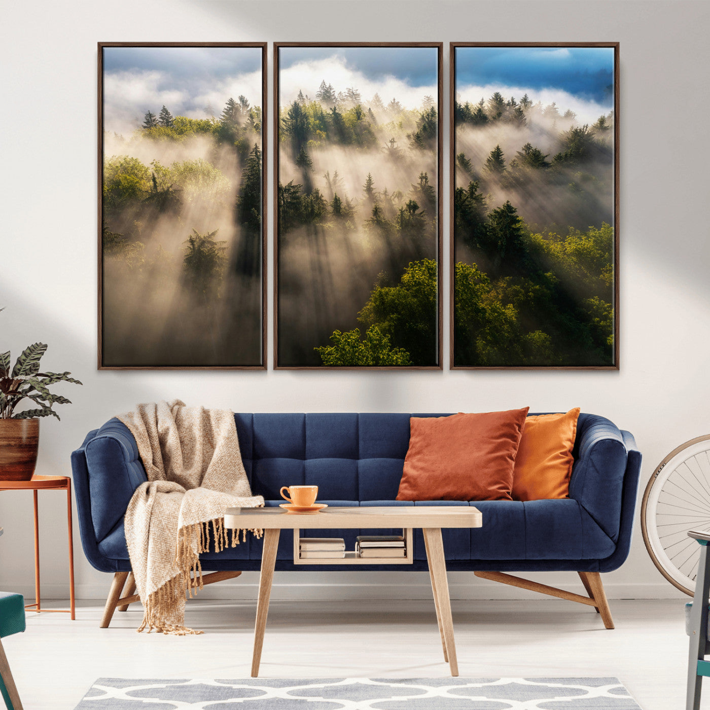 14785710-MGV-CV-36X24-Tranquil Forest Scene Wall Art Canvas Print, Framed Sunbeam Through Trees Art Picture Print, Moody Green Wall Art Perfect