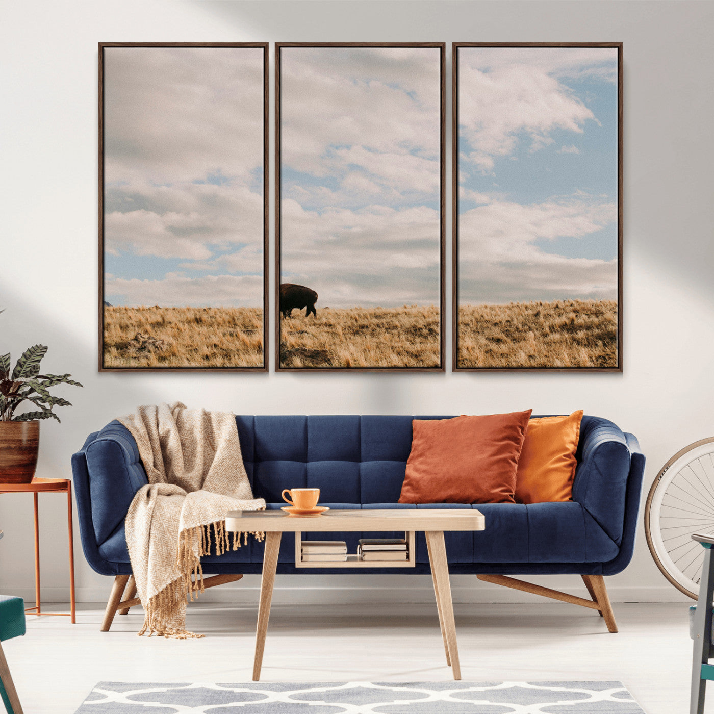 22754563-MGV-CV-36X24-Earthy Tones Wall Art Canvas Print, Framed Rustic Nature Art Picture Print, Solitary Buffalo Perfect Western Minimalist Decor