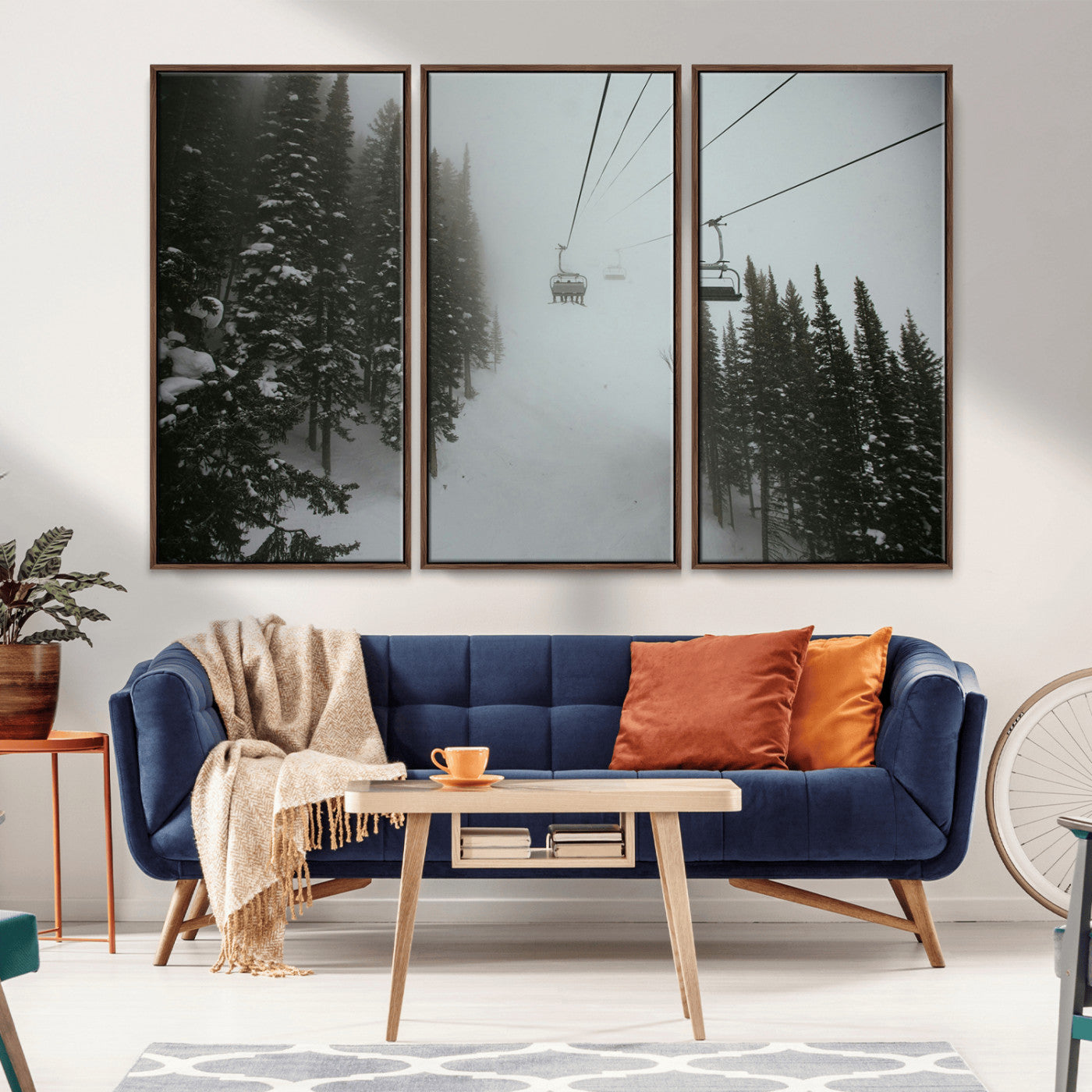 87018452-MGV-CV-36X24-Ski Lift Wall Art Canvas Print, Framed Snowy Pines Art Picture Print, Misty Landscape Perfect Winter Serenity Decor Artwork