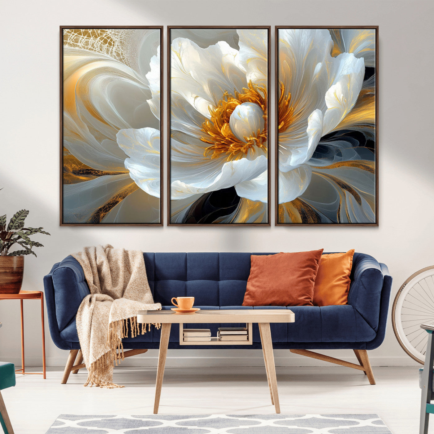 39604126-MGV-CV-36X24-Abstract Flower Wall Art – Elegant White and Gold Bloom Canvas Print, Modern Floral Artwork for Bedroom, Living Room, or Office