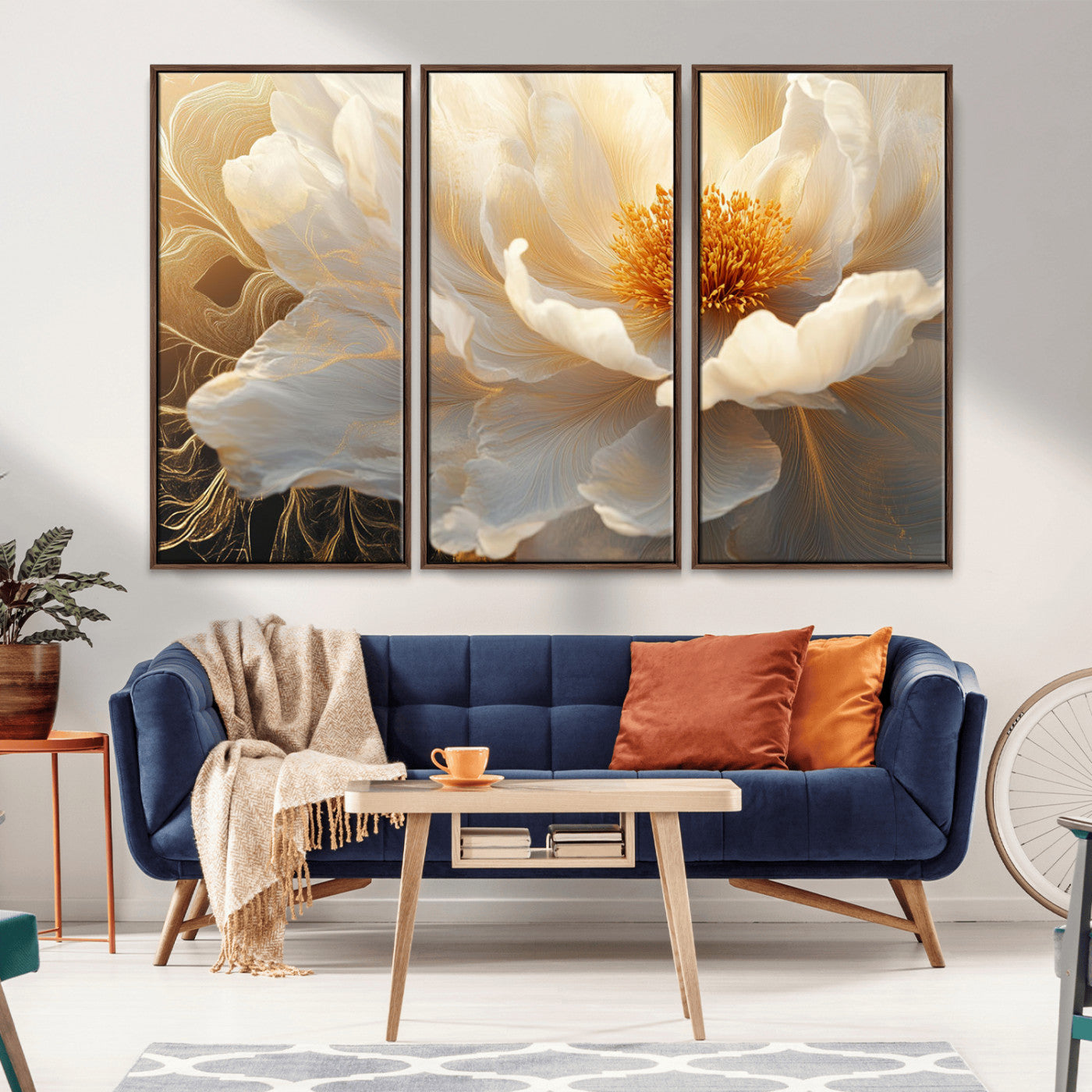 29539087-MGV-CV-36X24-Floral Wall Art – Elegant White and Gold Bloom Canvas Print, Romantic Modern Flower Artwork for Bedroom, Living Room, or Office