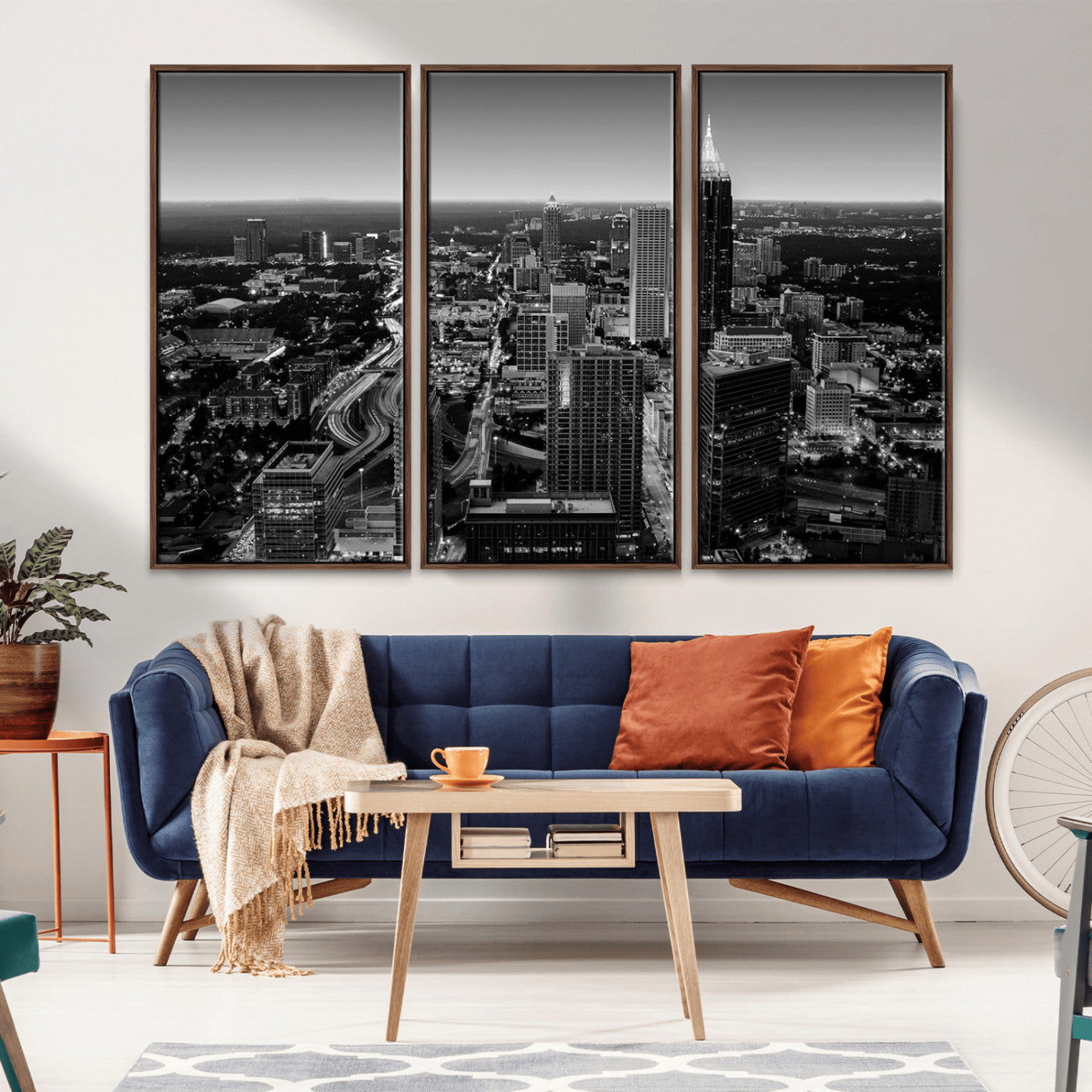 46578567-MGV-CV-36X24-Atlanta Skyline Wall Art – Black and White Cityscape Canvas Print, Modern Urban Night Decor for Office, Living Room, or Apartment