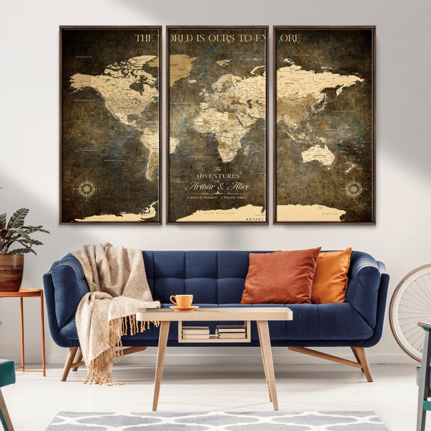 99276334-MGV-CV-36X24-Vintage Sepia World Map Wall Art – Antique Travel Adventure Canvas Print, Rustic Explorer Map Artwork, Classic Wanderlust Decor