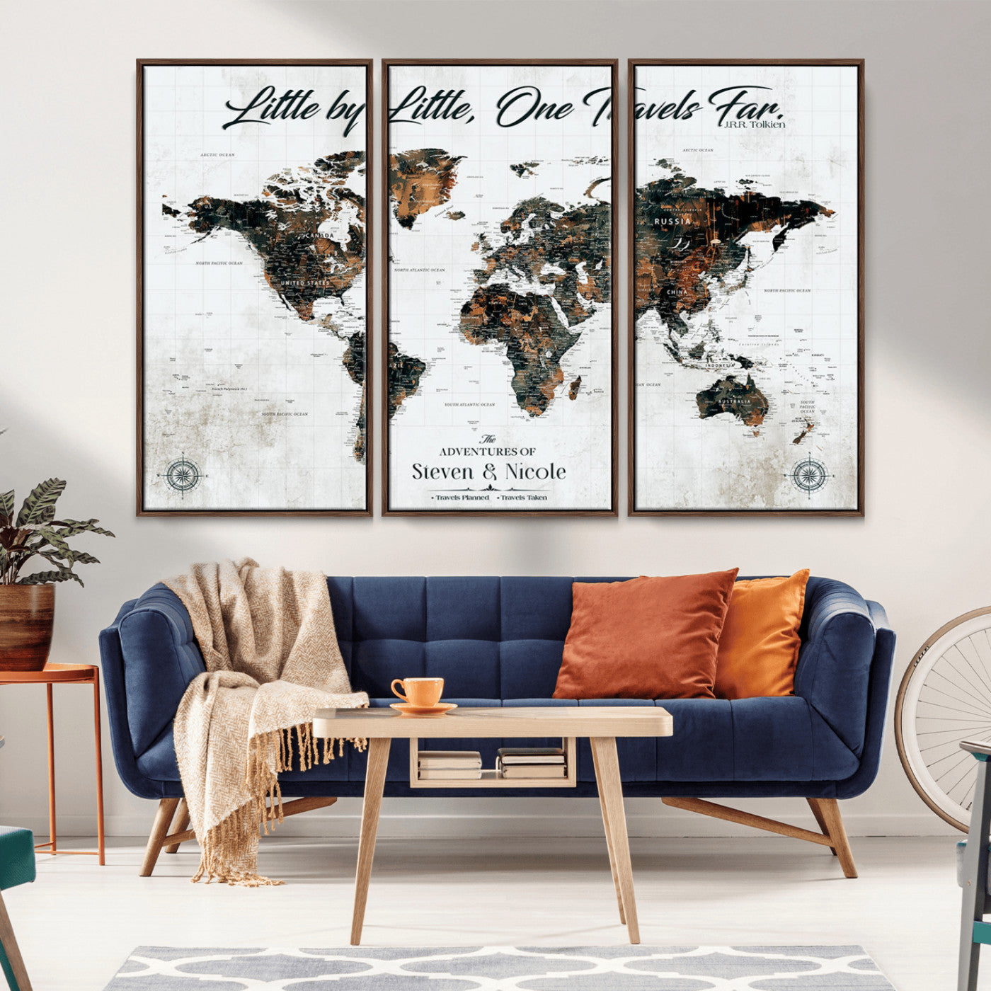 88337180-MGV-CV-36X24-Little by Little One Travels Far Tolkien Quote World Map Rustic Black Brown Adventure Wall Art Canvas Print for Home Office Living