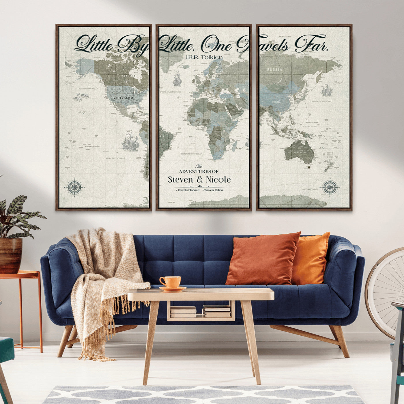 10693204-MGV-CV-36X24-Little By Little One Travels Far Tolkien Quote Blue Green World Map Adventure Wall Art Canvas Print Rustic Wanderlust Travel Decor