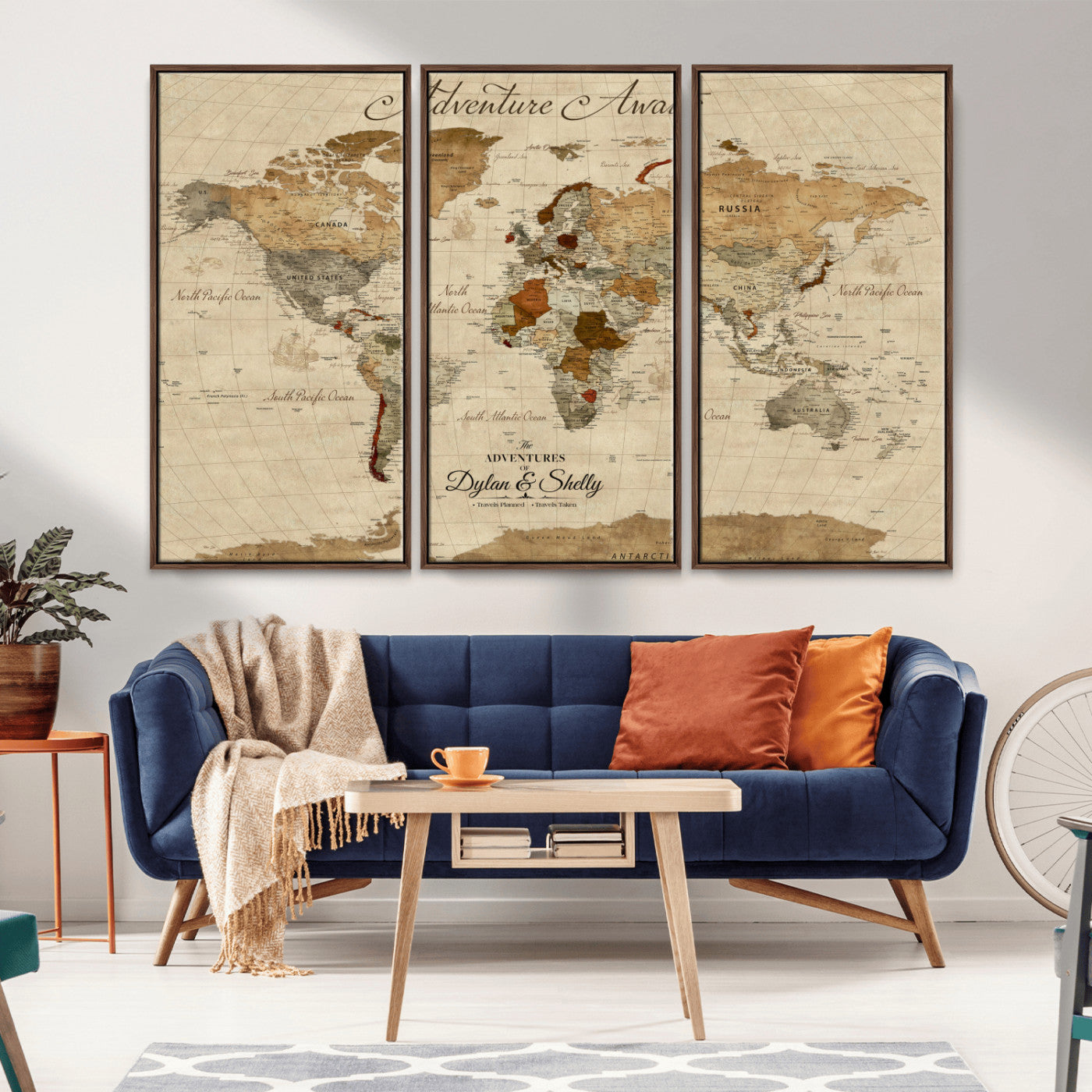 29054239-MGV-CV-36X24-Vintage World Map Wall Art – Antique Adventure Awaits Push Pin Canvas Print, Rustic Travel Map Décor for Living Room, Office,