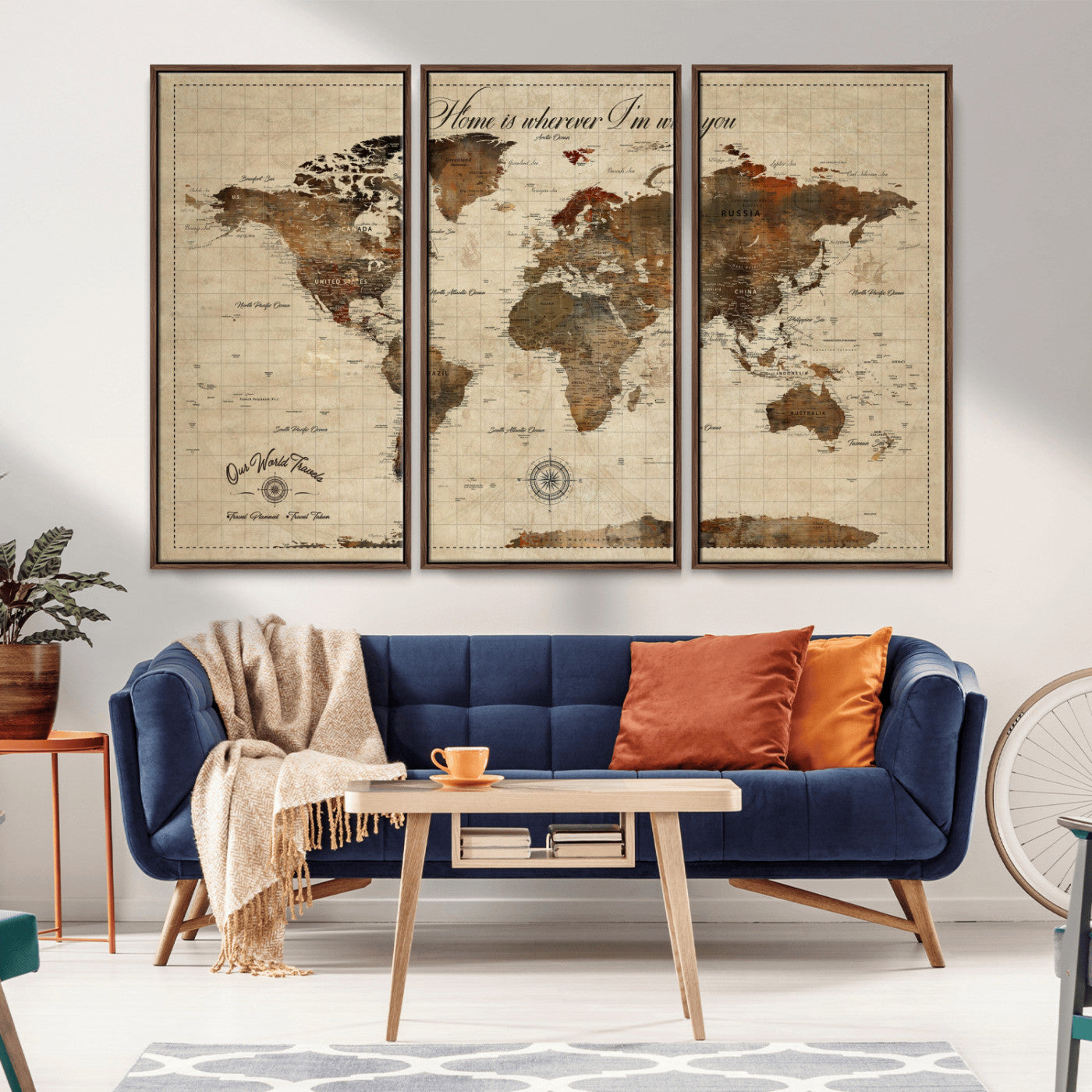96762438-MGV-CV-36X24-Rustic World Map Wall Art – Home Is Wherever I’m With You Vintage Push Pin Canvas, Antique Travel Map Decor for Living Room,