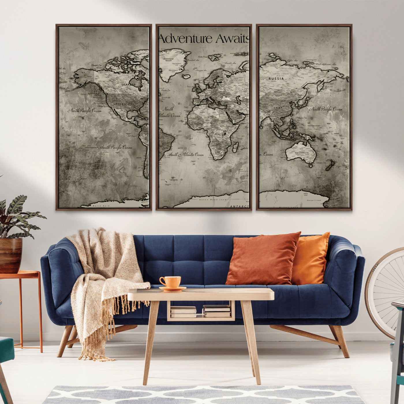 24544384-MGV-CV-36X24-Adventure Awaits World Map Wall Art – Black and White Vintage Canvas Print, Rustic Travel Decor, Antique Atlas Artwork for Living