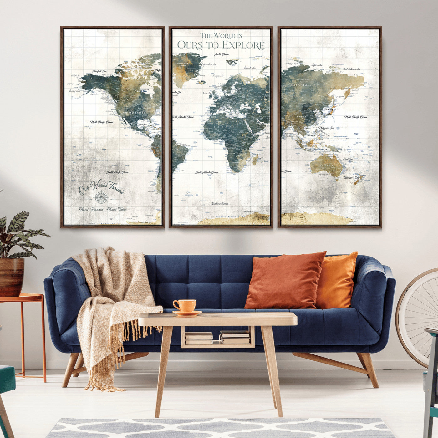 14988581-MGV-CV-36X24-Ours Explore Watercolor World Map – Artistic Travel Canvas Wall Art, Abstract Atlas Print, Wanderlust Decor for Living Room Office