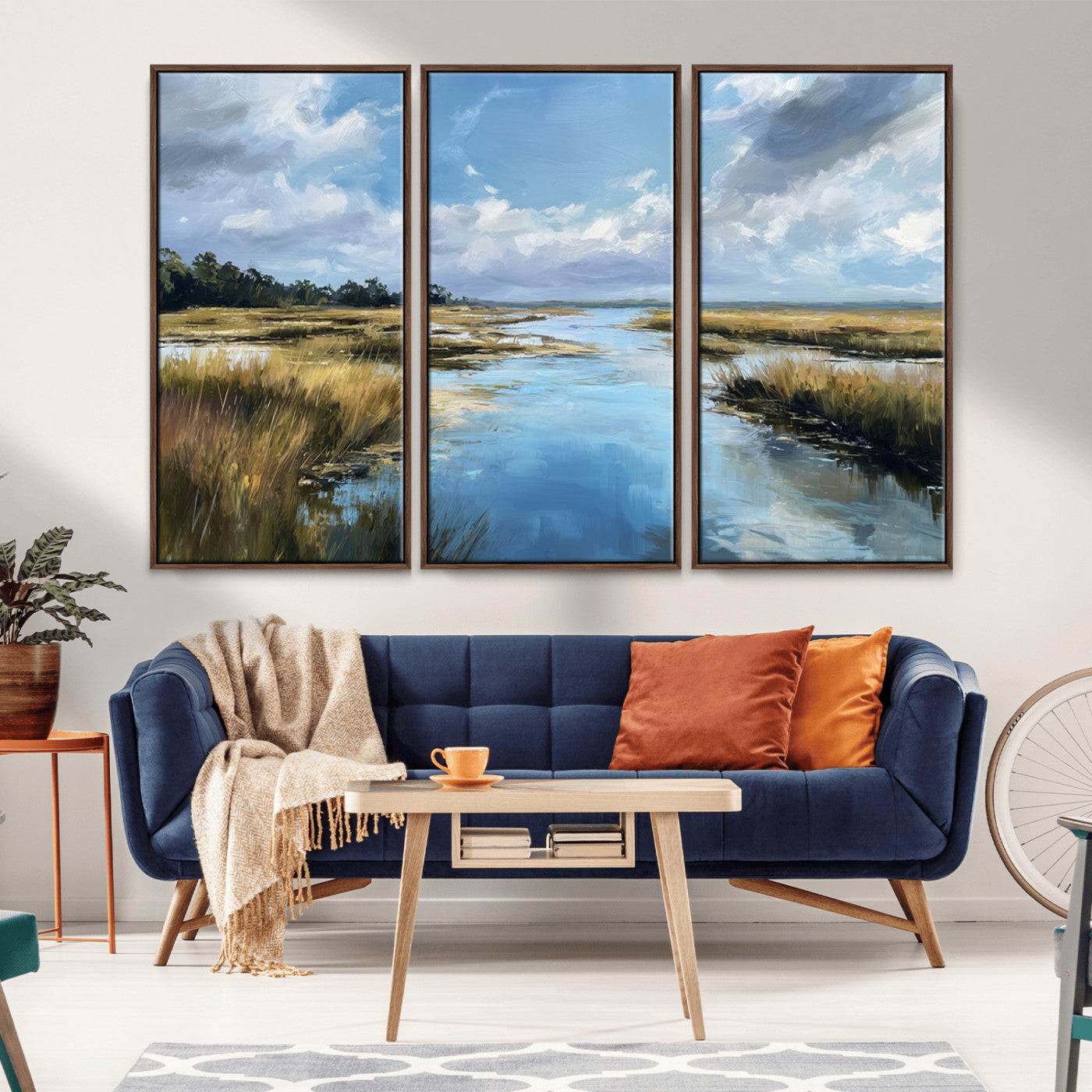 87082041-MGV-FC-48X32-3P_Walnut-Painted Marshland Canvas Wall Art – Serene Water Reflection, Blue Sky, Golden Grass Landscape, Calm Nature Decor for Home, Office,