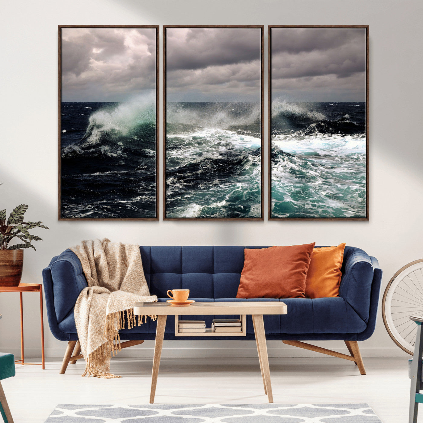 38622353-MGV-FC-48X32-3P_Walnut-Stormy Ocean Waves Canvas Wall Art – Framed Turbulent Sea Print, Large Nature Canvas for Coastal, Living Room, or Office Spaces