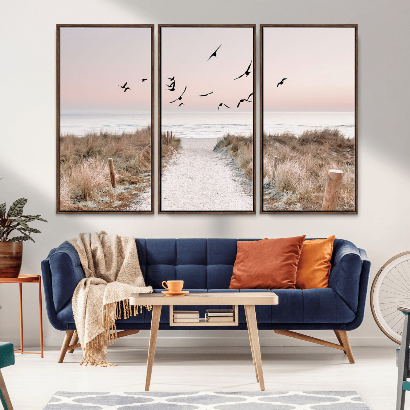 34632598-MGV-CV-36X24-Beach Pathway Wall Art – Coastal Canvas Print with Sandy Trail, Flying Birds and Pastel Sky, Serene Ocean Landscape Photography