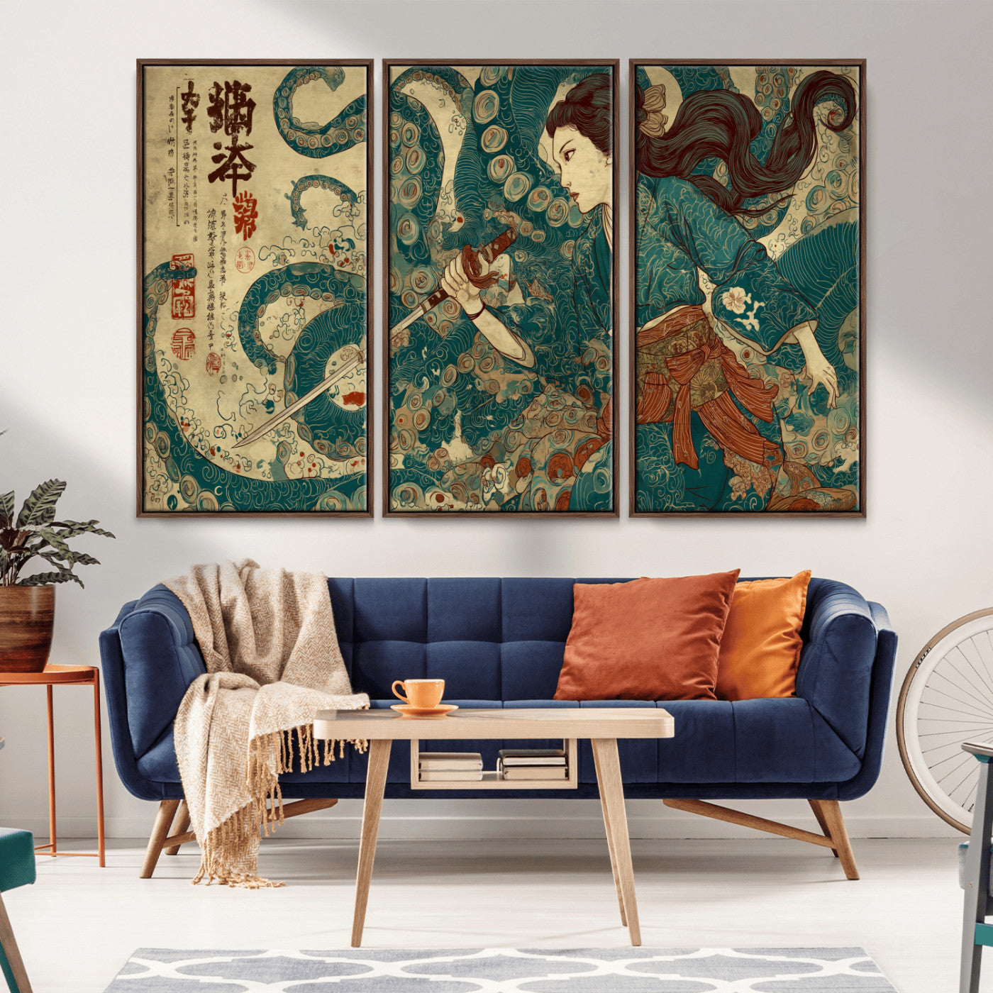 46837670-MGV-FC-48X32-3P_Walnut-Tsukioka Yoshitoshi Samurai Wall Art Print, Japanese Katana Warrior Canvas Wall Art, Octopus Sea Monster Canvas Print,