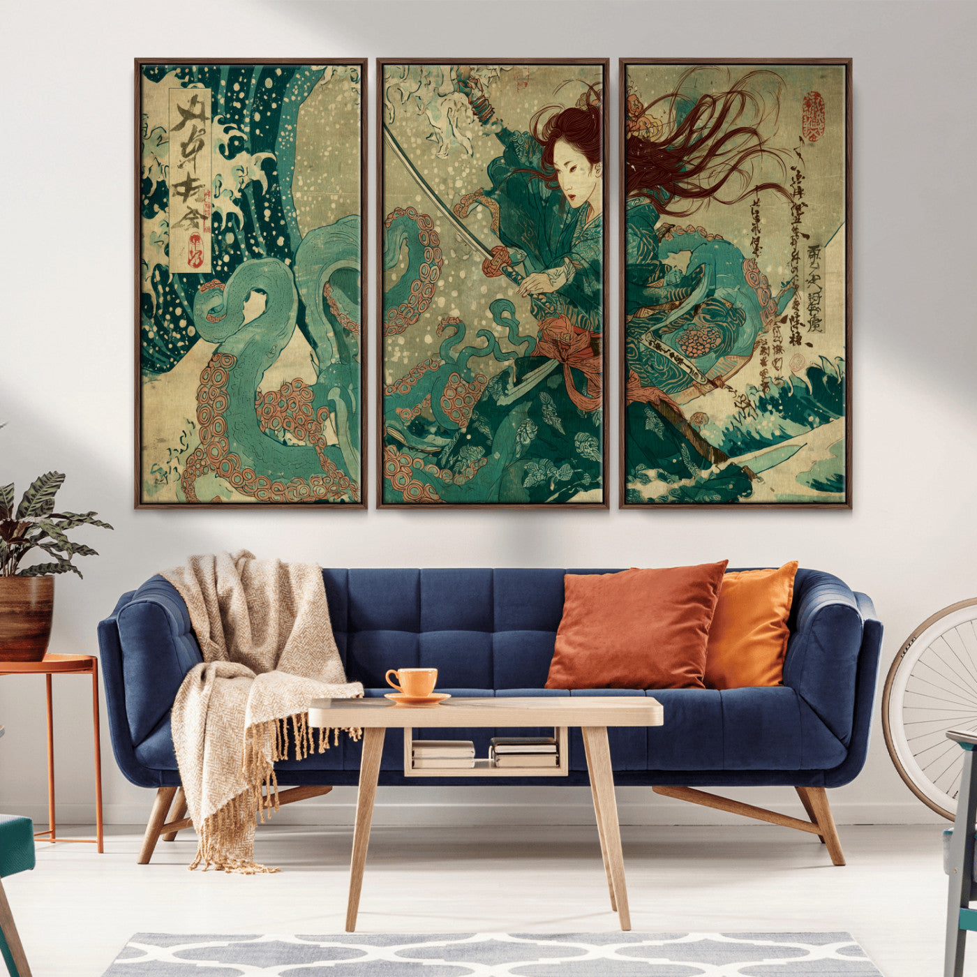 86918027-MGV-FC-48X32-3P_Walnut-Tsukioka Yoshitoshi Samurai Wall Art Print, Japanese Katana Warrior Canvas Wall Art, Octopus Sea Monster Canvas Print,