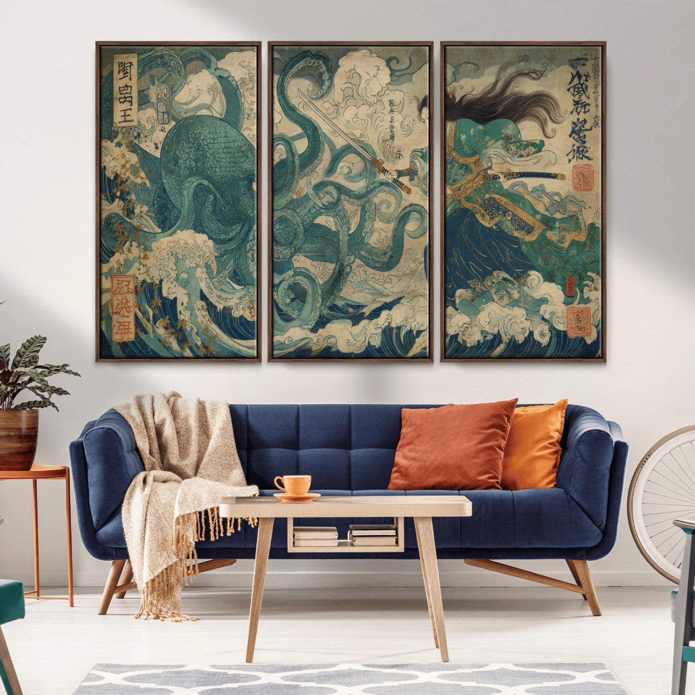 60346622-MGV-FC-48X32-3P_Walnut-Tsukioka Yoshitoshi Samurai Wall Art Print, Japanese Katana Warrior Canvas Wall Art, Octopus Sea Monster Canvas Print,