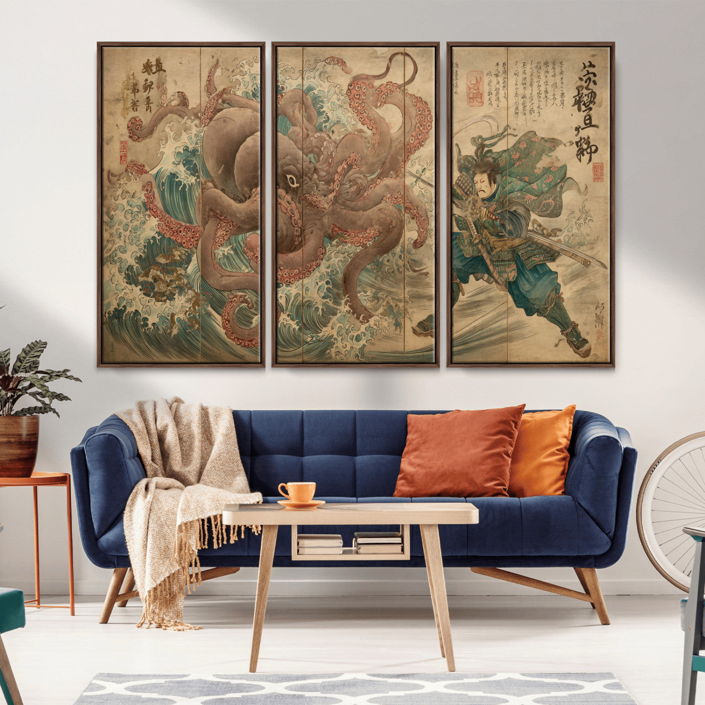 63782167-MGV-FC-48X32-3P_Walnut-Tsukioka Yoshitoshi Samurai Wall Art Print, Japanese Katana Warrior Canvas Wall Art, Octopus Sea Monster Canvas Print,