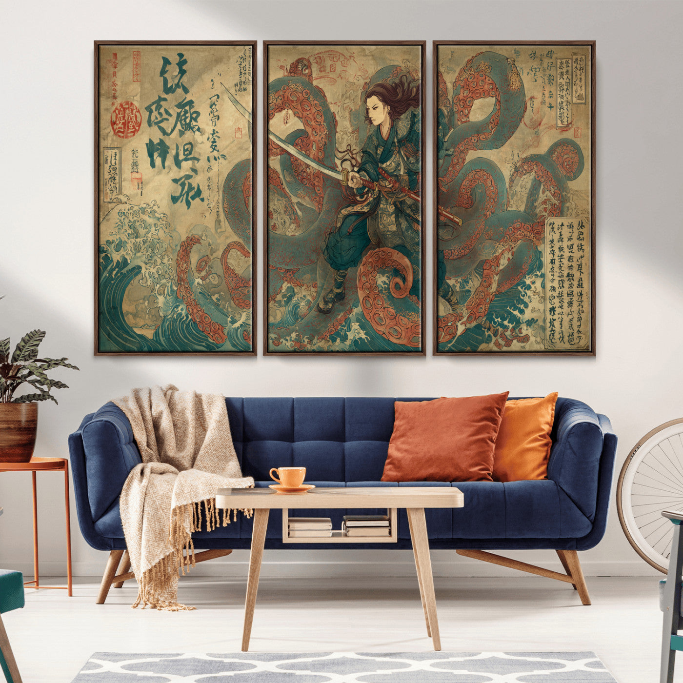 98593115-MGV-FC-48X32-3P_Walnut-Tsukioka Yoshitoshi Samurai Wall Art Print, Japanese Katana Warrior Canvas Wall Art, Octopus Sea Monster Canvas Print,
