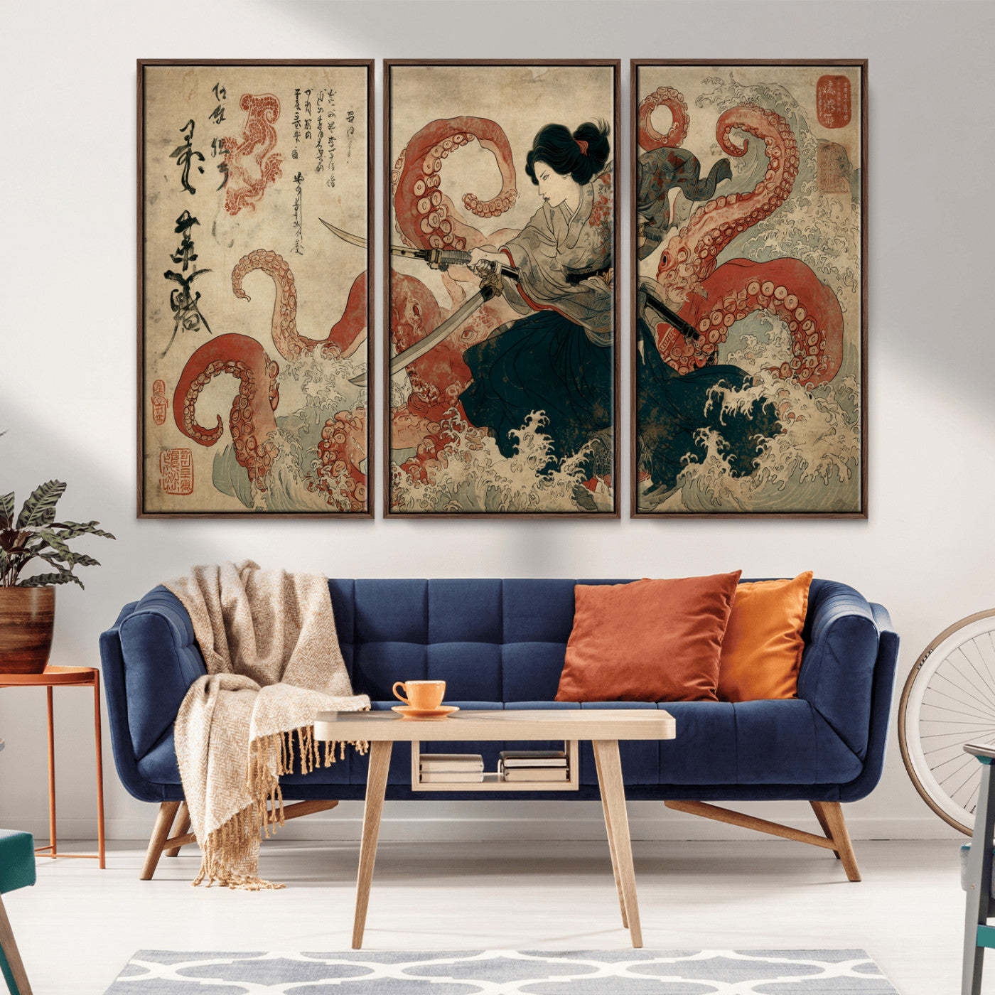 50812504-MGV-CV-36X24-Samurai Woman vs Octopus Wall Art – Japanese Ukiyo-e Red Tentacle Canvas Print, Ocean Battle Artwork for Living Room, Office, Man