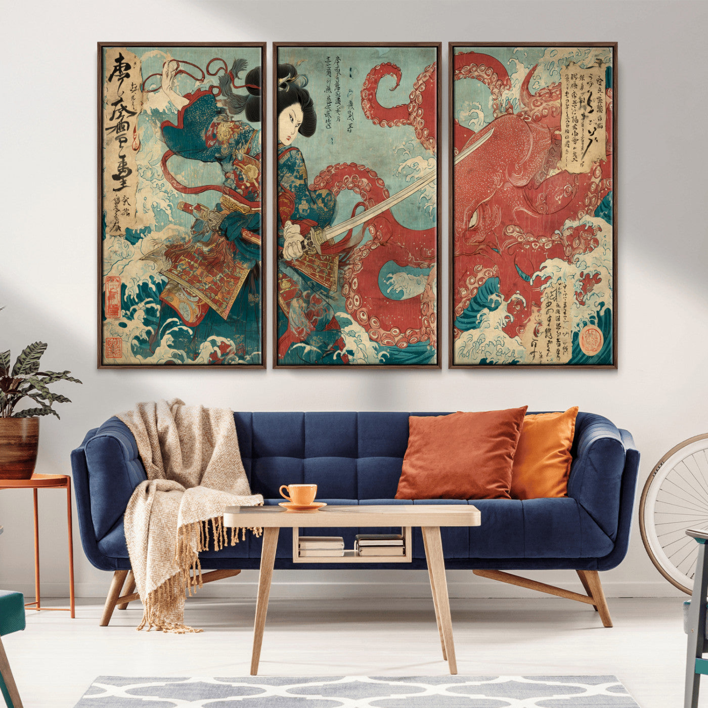 68844327-MGV-FC-48X32-3P_Walnut-Tsukioka Yoshitoshi Samurai Wall Art Print, Japanese Katana Warrior Canvas Wall Art, Octopus Sea Monster Canvas Print,