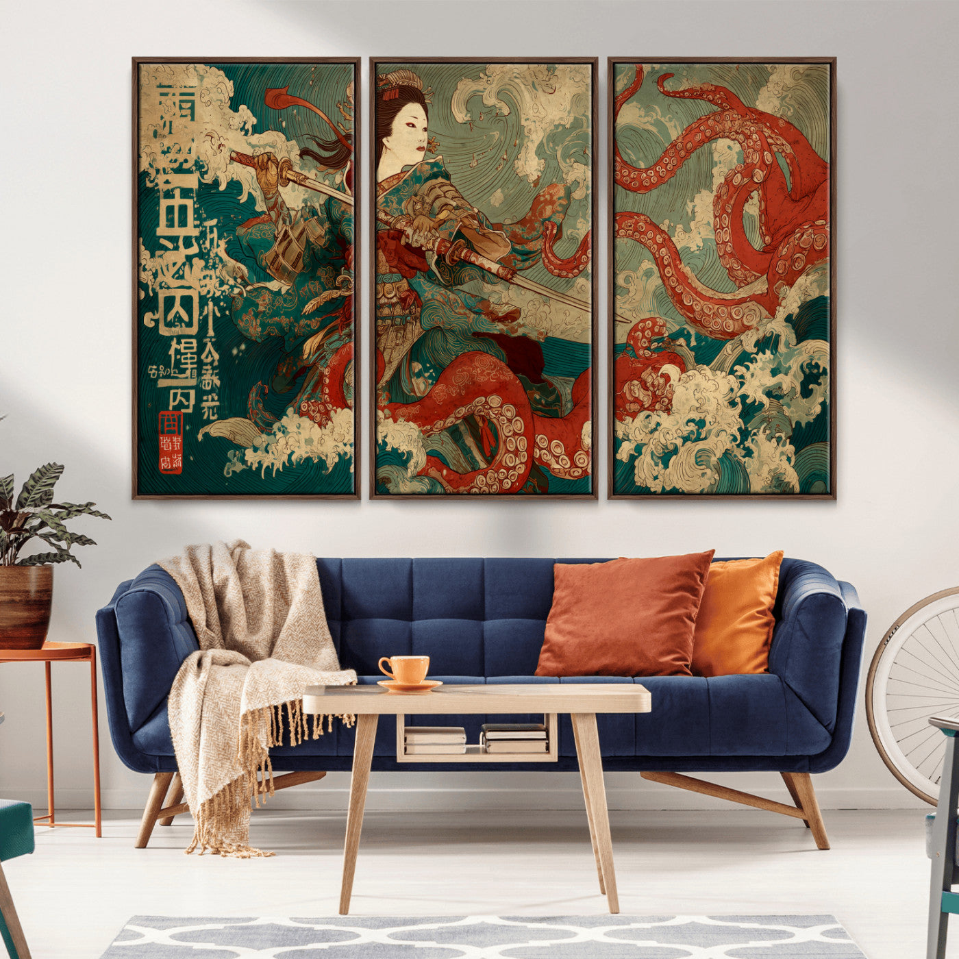 60201267-MGV-CV-36X24-Samurai Woman vs Octopus Wall Art – Japanese Ukiyo-e Armor Canvas Print, Red Tentacle Ocean Battle Artwork for Living Room,