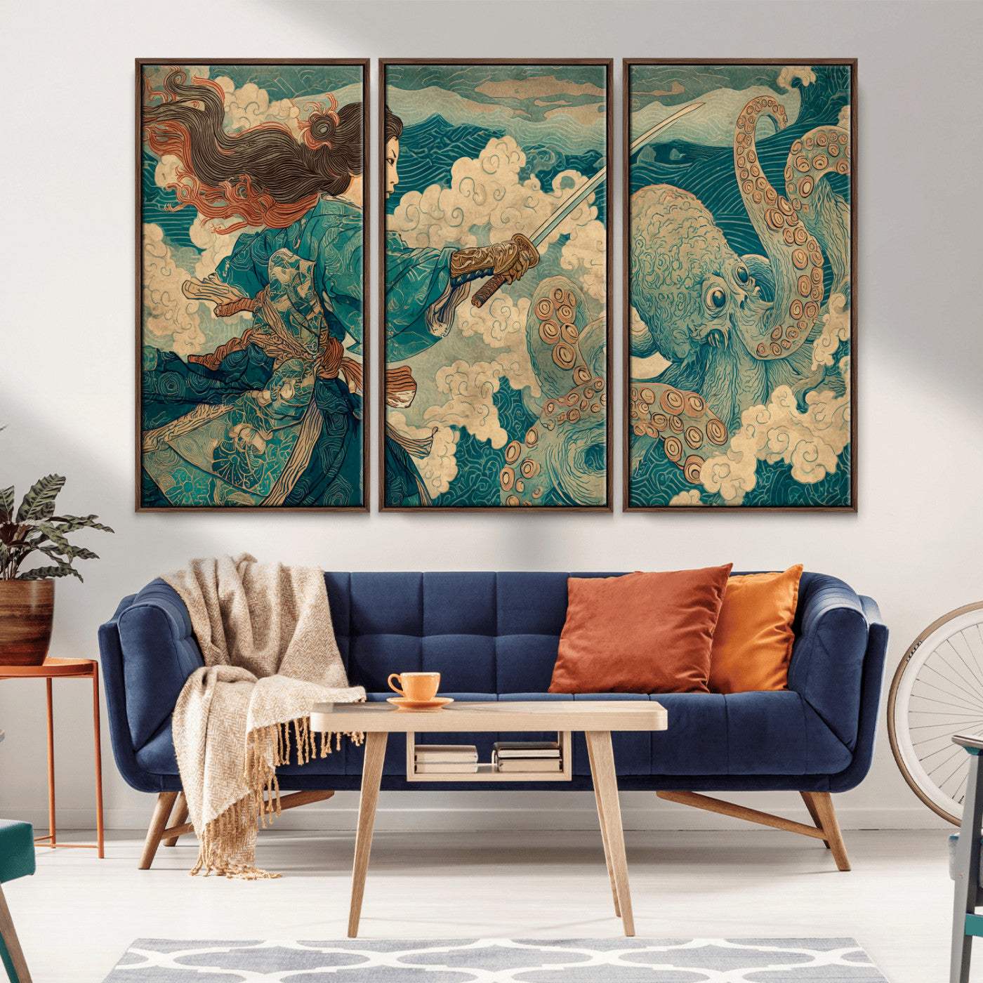 99764195-MGV-CV-36X24-Samurai vs Octopus Wall Art – Japanese Ukiyo-e Style Warrior and Sea Monster Canvas Print, Mythology Inspired Artwork for Living