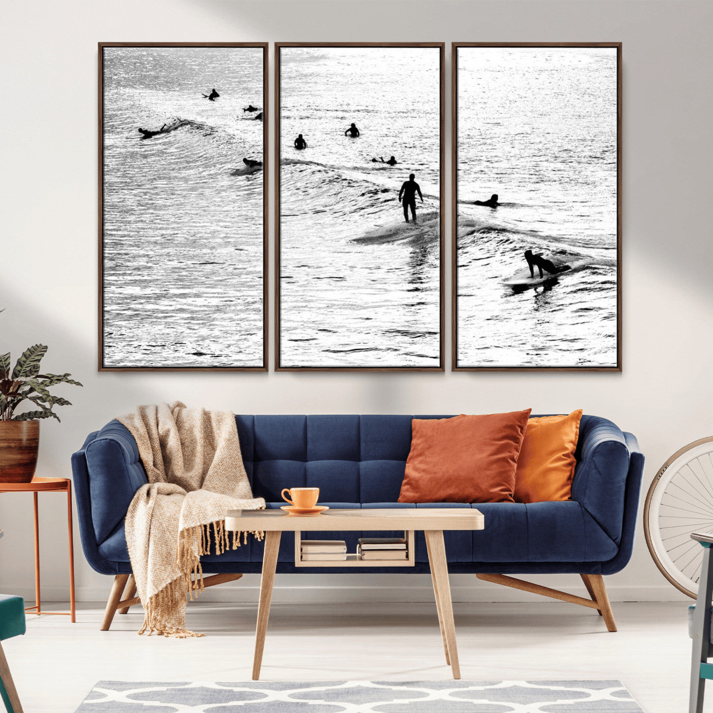 68018616-MGV-CV-36X24-Black and White Surf Photography Print – Minimalist Ocean Wall Art, Surfers Riding Waves, Coastal Beach Decor for Modern Home or