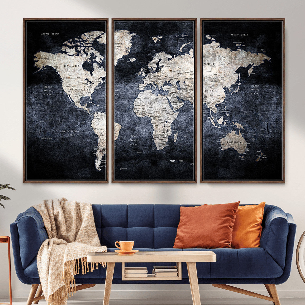 MGV-FC-48X32-3P - Vintage World Map Wall Art Canvas Print, Framed Dark Atlas Art Picture Print, Classic Globe Perfect Rustic Explorer Decor Artwork