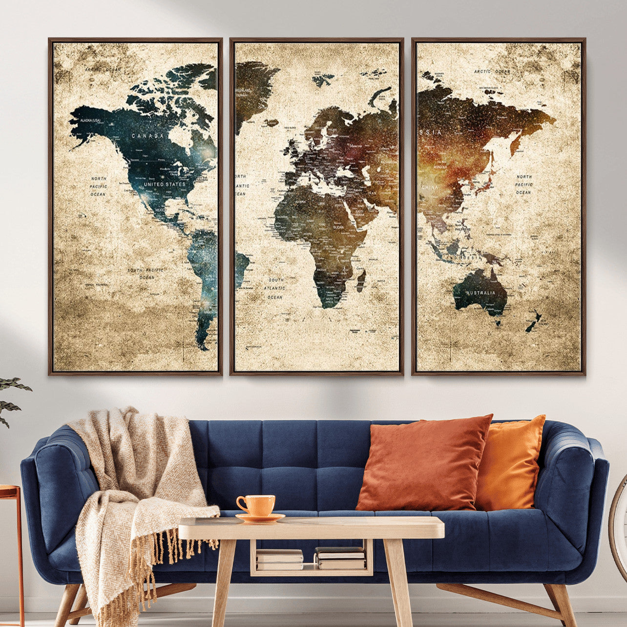 MGV-FC-48X32-3P - Rustic World Map Wall Art Canvas Print, Framed Vintage Map Art Picture Print, Grunge Atlas Perfect Moody Rustic Decor Artwork