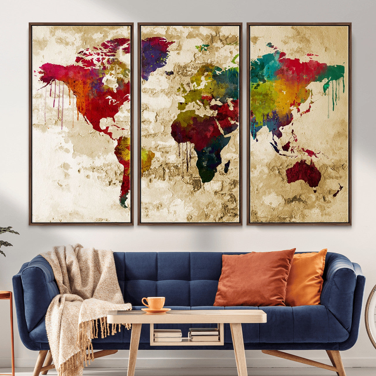 MGV-FC-48X32-3P - Multicolor Map Wall Art Canvas Print, Framed Watercolor Continents Art Picture Print, Colorful World Map Perfect Rustic Modern Decor Artwork