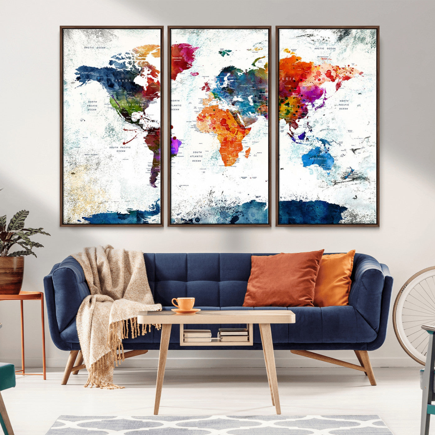 42807-MGV-CV-36X24-Colorful Abstract World Map Canvas Wall Art – Modern Watercolor Style Travel Map Print, Large Framed Wall Decor for Living Room, Bedroom, Home or Office