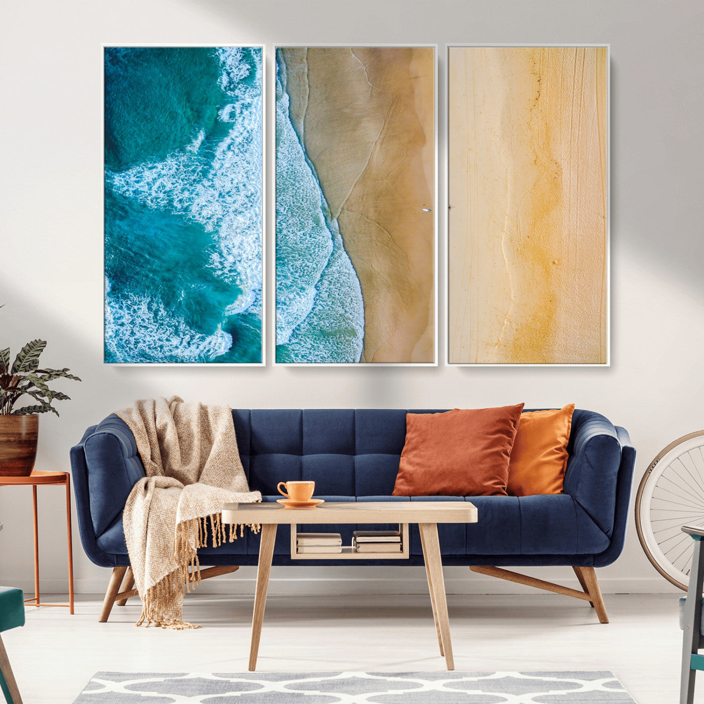 46640-MGV-CV-36X24-Aerial Beach Wall Art – Turquoise Waves and Golden Sand Canvas Print with Lone Surfer, Coastal Ocean Decor for Living Room,
