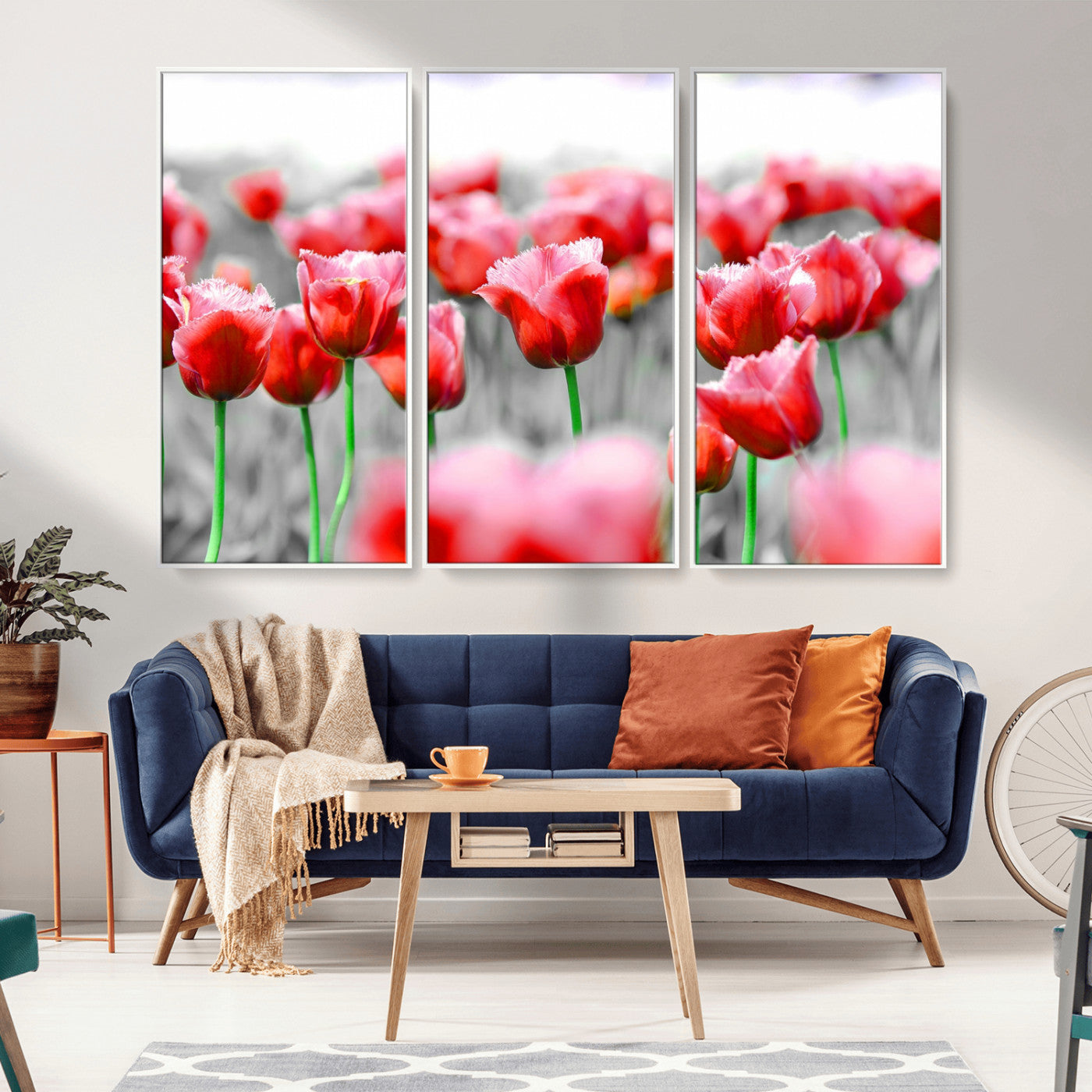 44554-MGV-CV-36X24-Vibrant red tulips stand out beautifully against a black-and-white background, making a striking decor piece perfect for any home