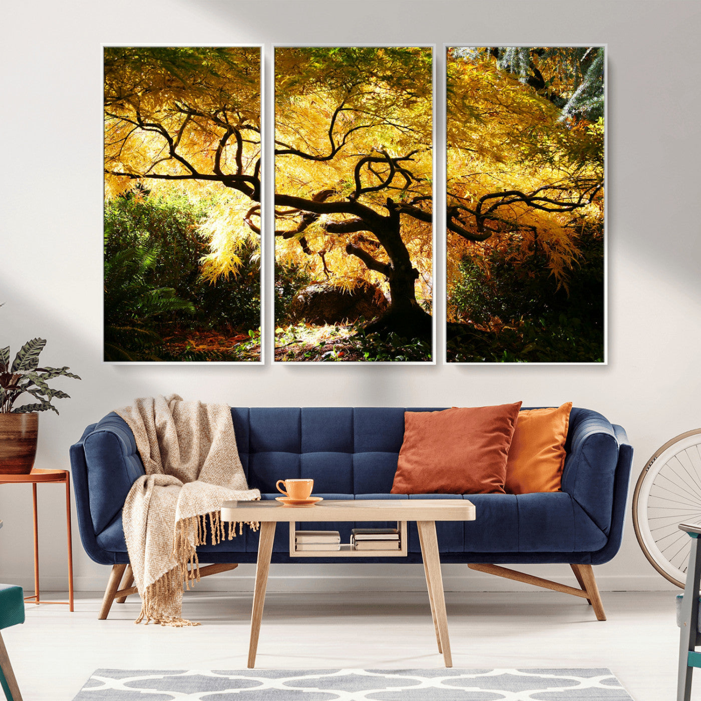 19067-MGV-FC-48X32-3P_White-Golden Canopy Wall Art – Panoramic Autumn Tree Canvas Print, Warm Seasonal Decor for Living Room, Office or Garden Space