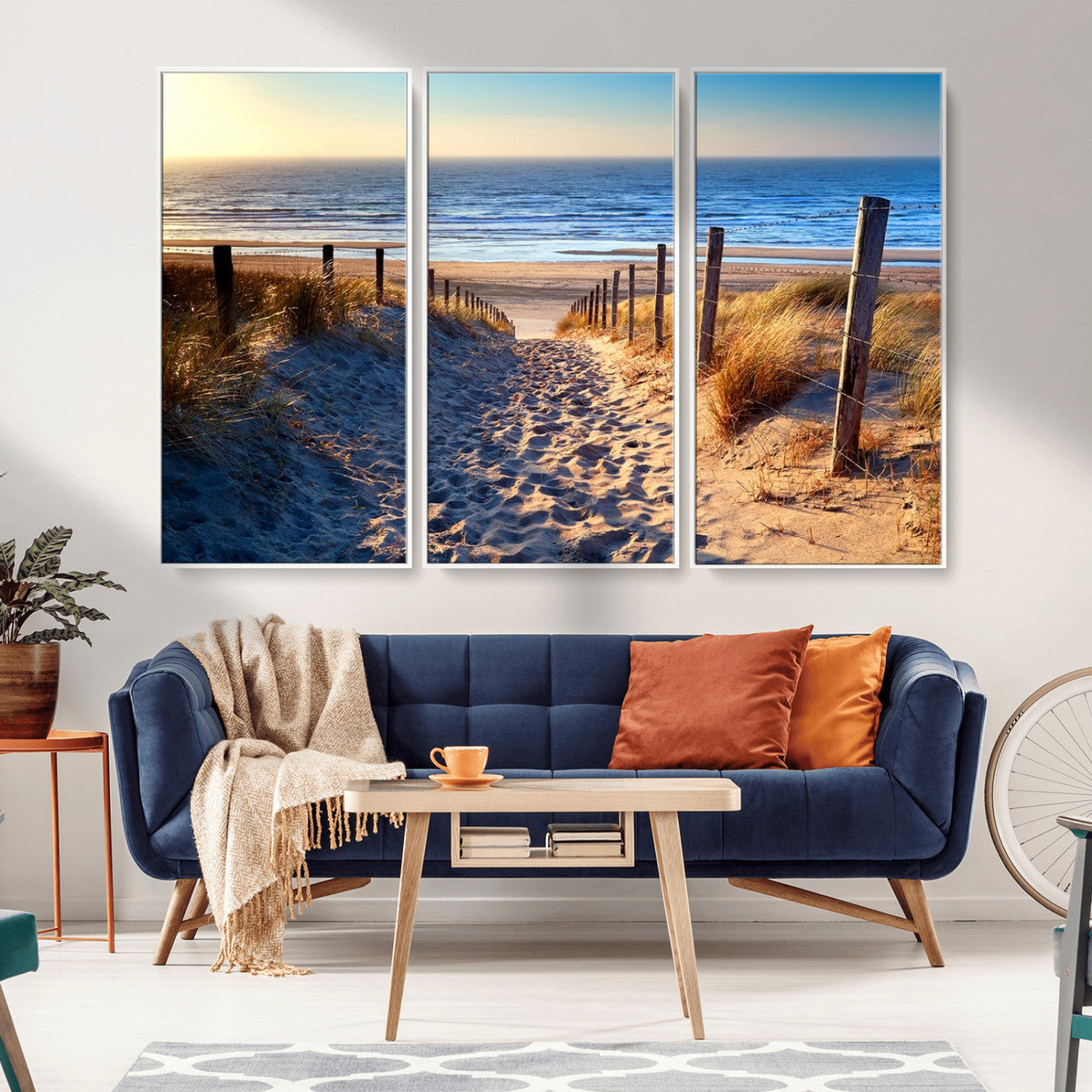 31889-MGV-FC-48X32-3P_White-Sandy Beach Pathway Wall Art – Coastal Dune Fence and Ocean View Canvas Print, Relaxing Seaside Landscape Decor for Living Room or
