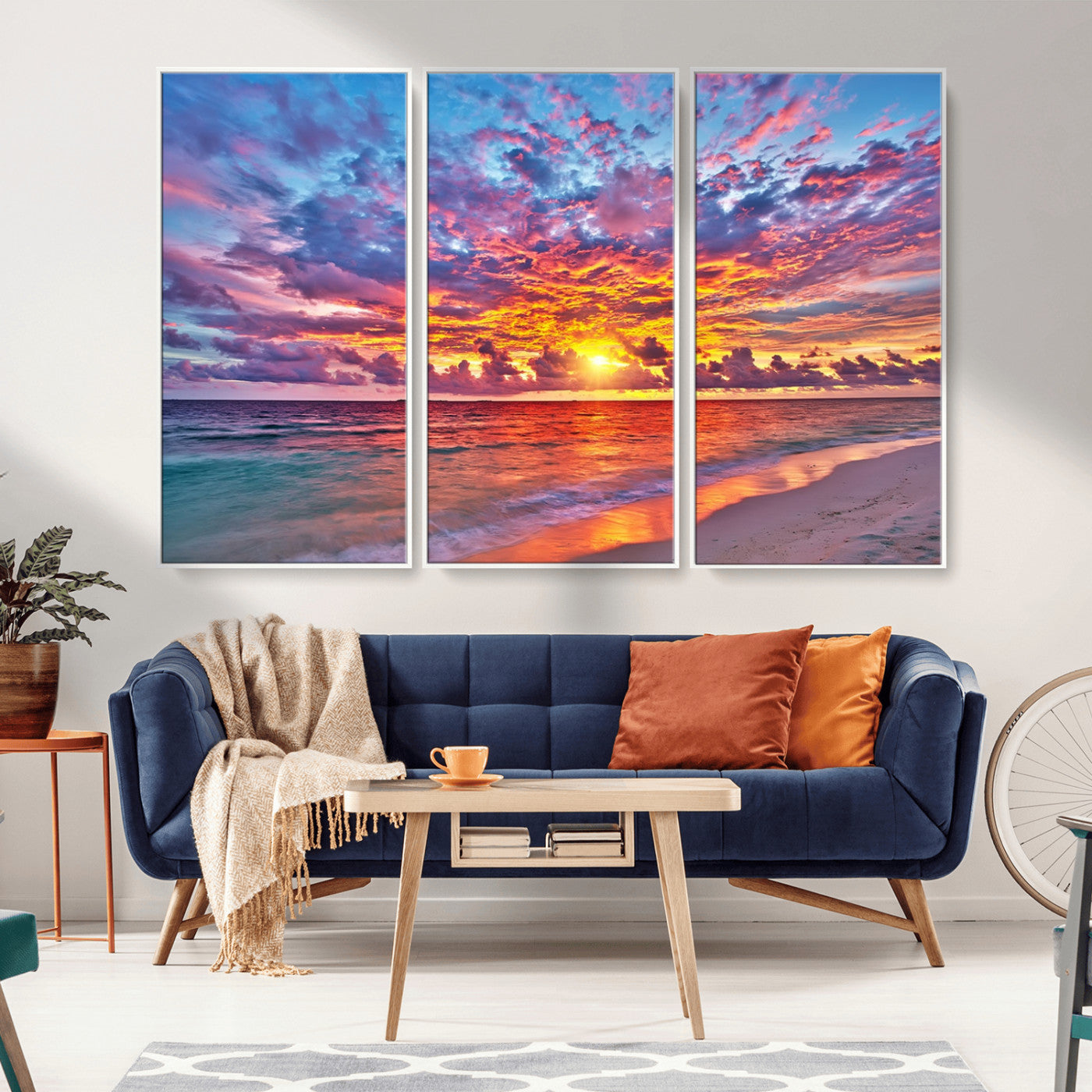 72836-MGV-FC-48X32-3P_White-Fiery Sunset Beach Wall Art – Panoramic Vibrant Ocean Canvas Print, Dramatic Coastal Decor for Living Room, Bedroom or Office
