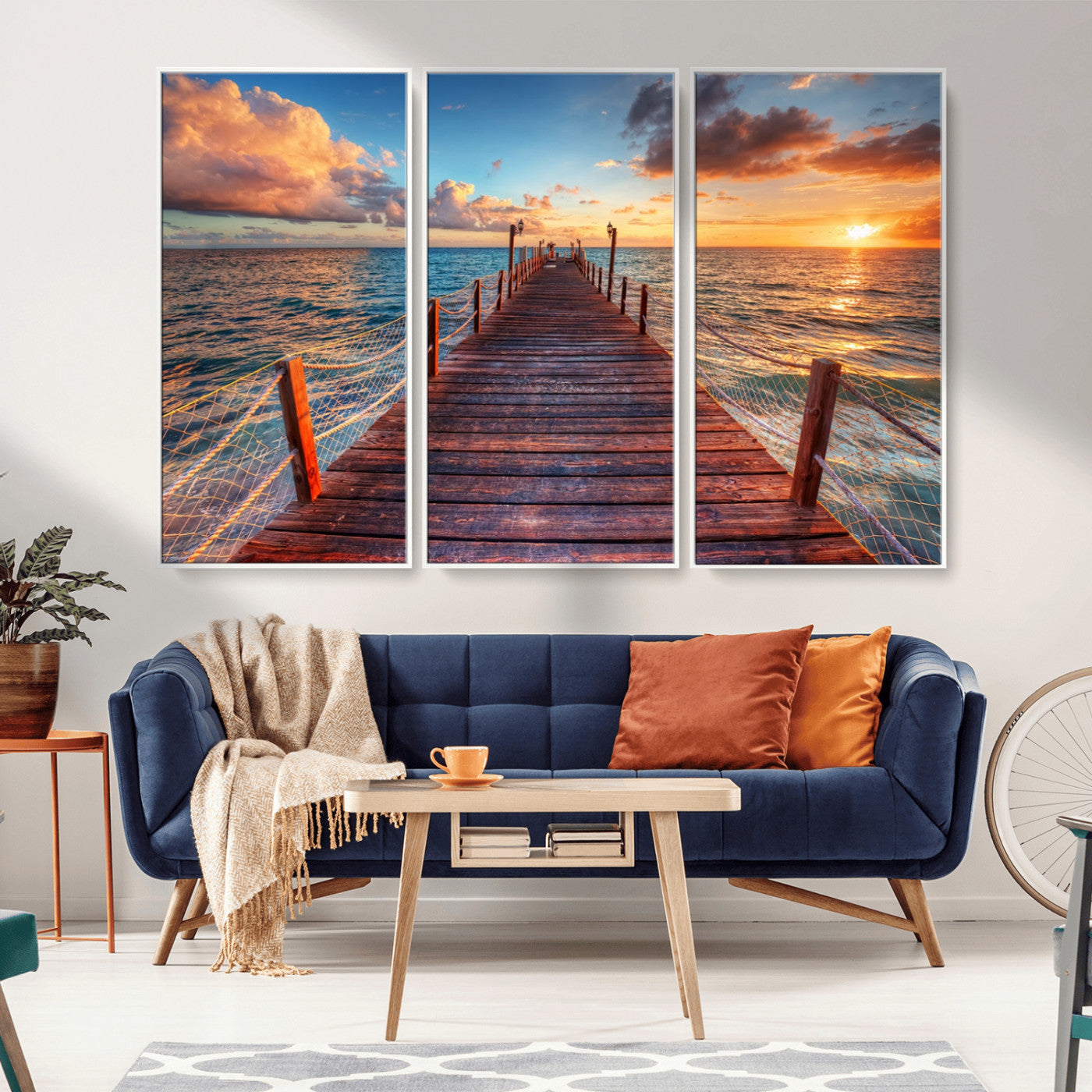 28836-MGV-FC-48X32-3P_White-Ocean Pier Sunset Wall Art – Wooden Dock and Golden Horizon Canvas Print, Coastal Seascape Photography for Living Room, Bedroom,