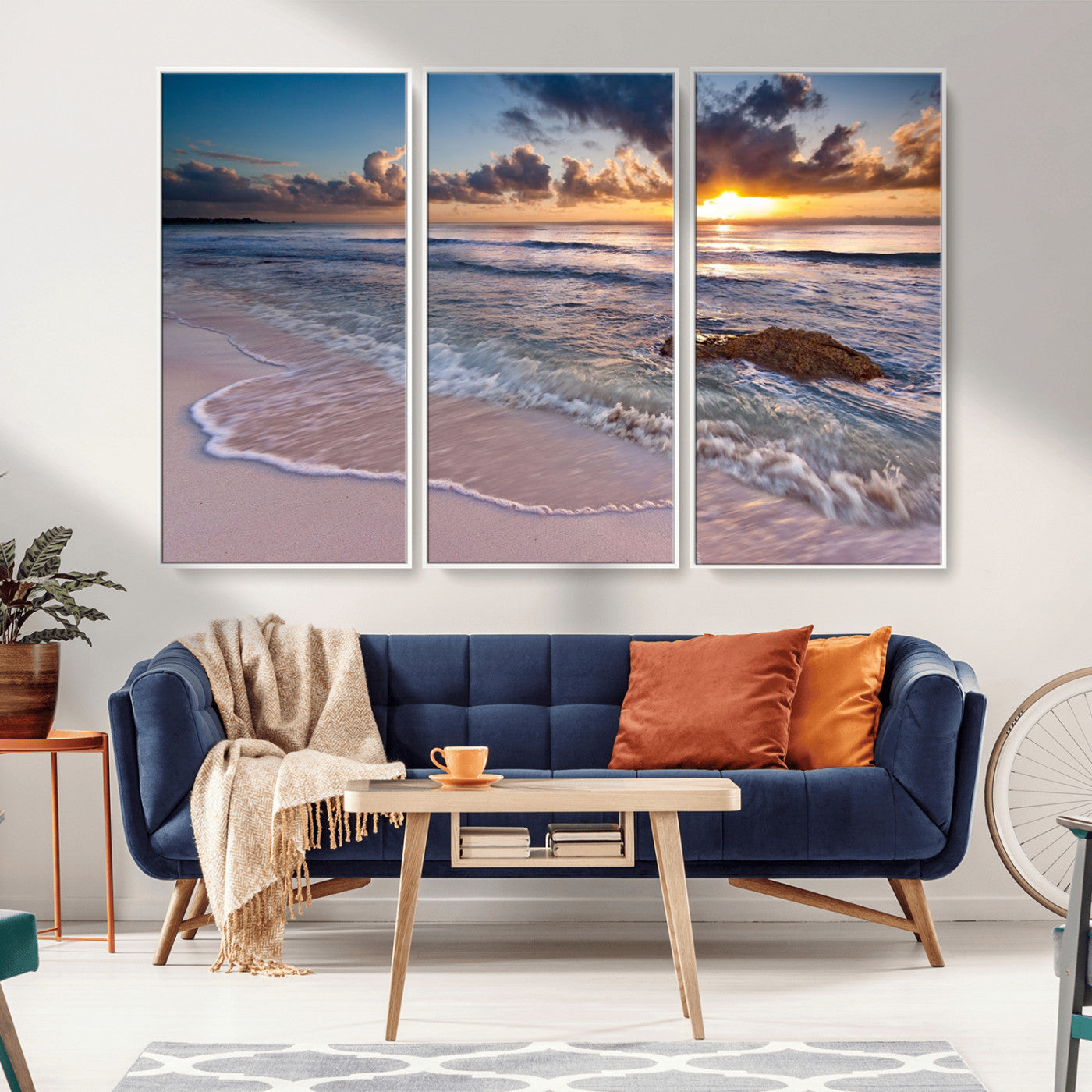 94906-MGV-FC-48X32-3P_White-Sunrise Beach Wall Art – Panoramic Ocean Waves Canvas Print, Coastal Sunset Seascape Artwork for Living Room, Bedroom, or Office