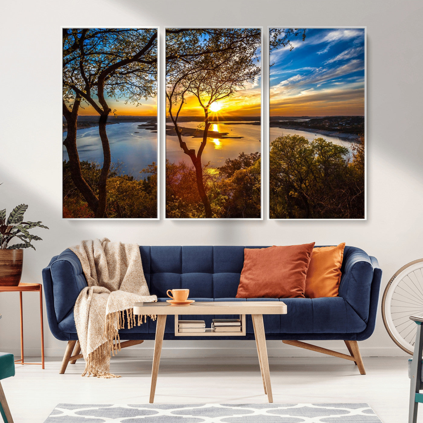 71863-MGV-FC-48X32-3P_White-Lake Sunset Wall Art – Scenic Nature Canvas Print with Trees and Golden Sky, Serene Landscape Decor for Living Room, Bedroom or