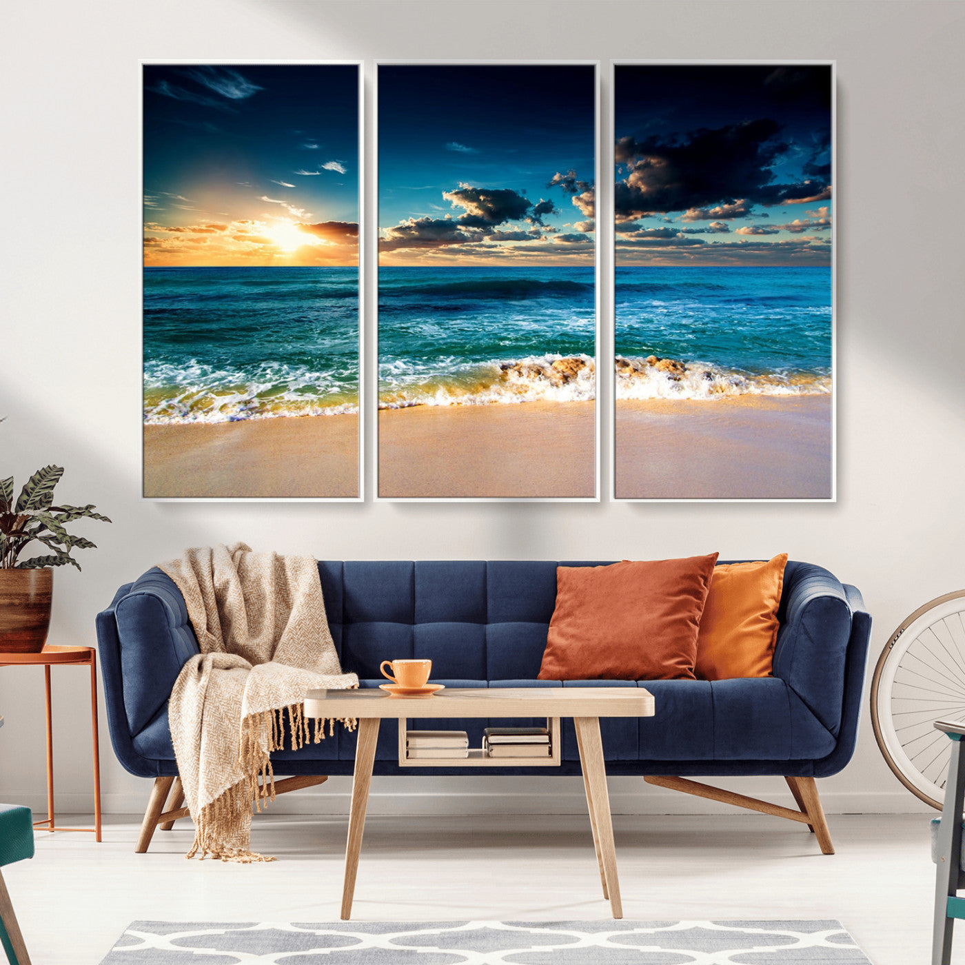 88985-MGV-FC-48X32-3P_White-Ocean Sunset Wall Art – Tranquil Beach Waves Canvas Print, Coastal Seascape Decor for Living Room or Office