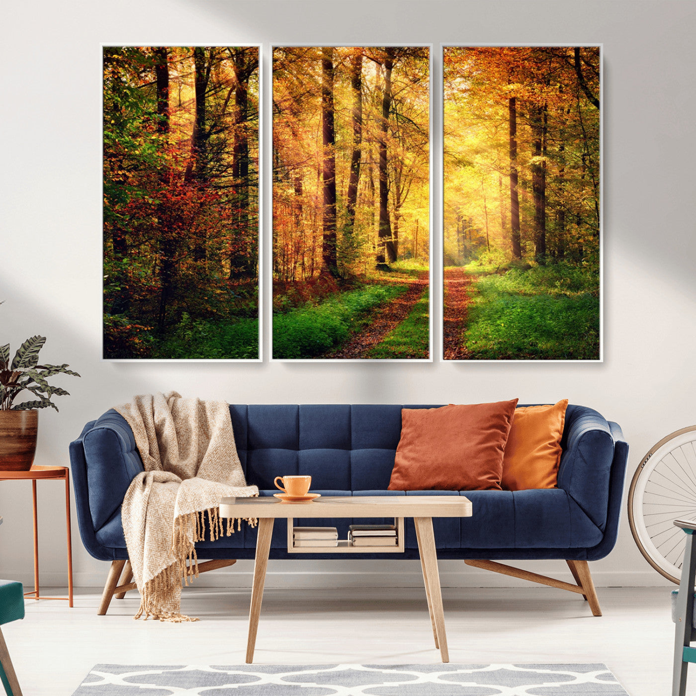 73494-MGV-FC-48X32-3P_White-Golden Autumn Forest Path Wall Art – Sunlit Woodland Canvas Print, Fall Nature Landscape Home Decoration