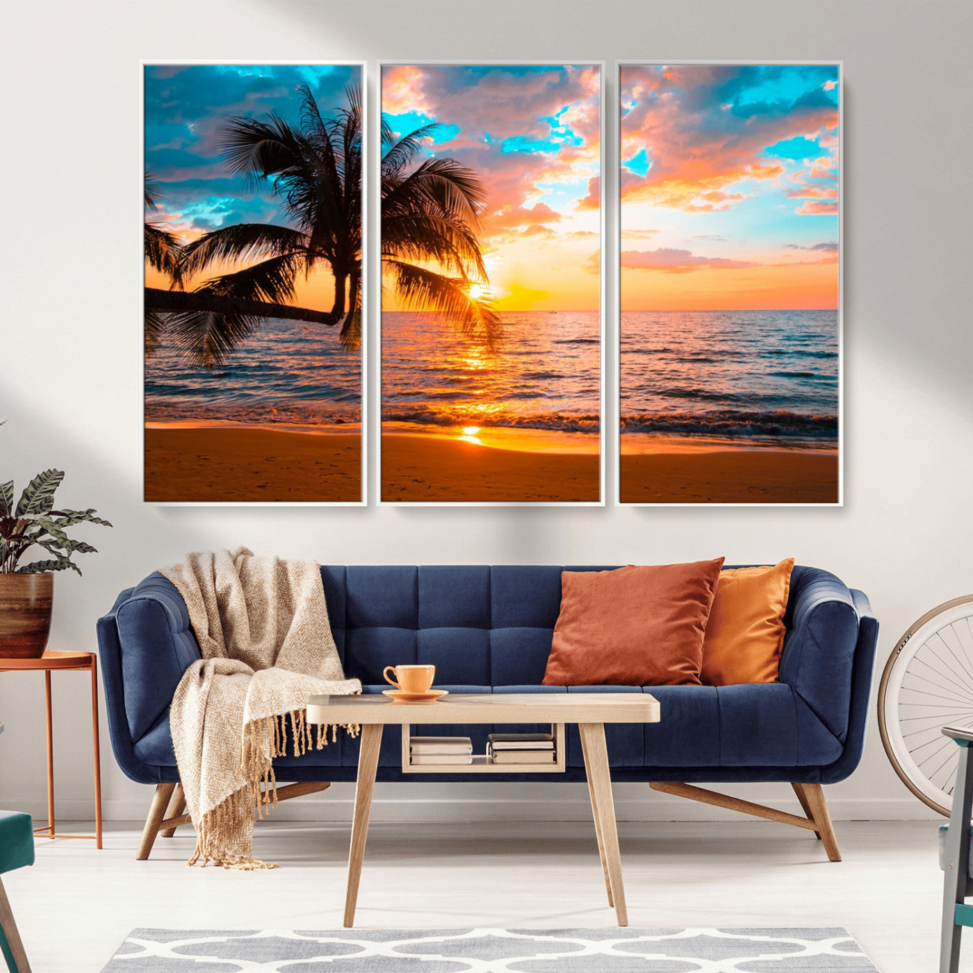 34674-MGV-FC-48X32-3P_White-Tropical Sunset Beach Wall Art – Palm Tree Ocean Canvas Print, Coastal Seascape Decor for Living Room or Office Wall