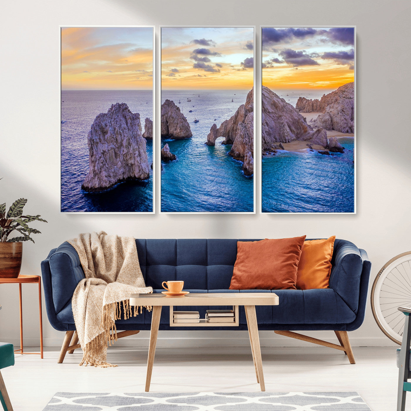 72955-MGV-FC-48X32-3P_White-Ocean Rock Formation Wall Art – Sunset Coastal Seascape Print, Beach Landscape Decor for Living Room or Office