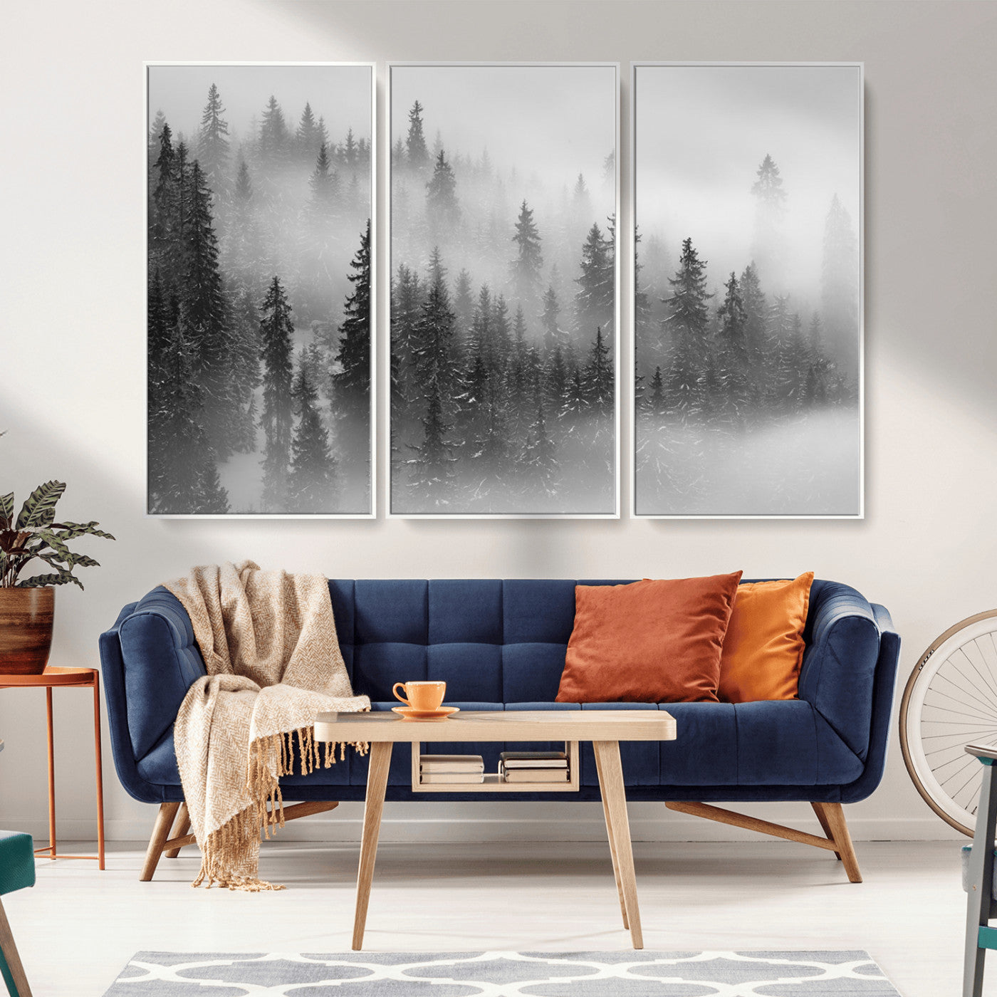 57235-MGV-FC-48X32-3P_White-Misty Pine Forest Wall Art – Black and White Mountain Landscape Canvas Print, Nature Woodland Decor for Living Room, Bedroom or