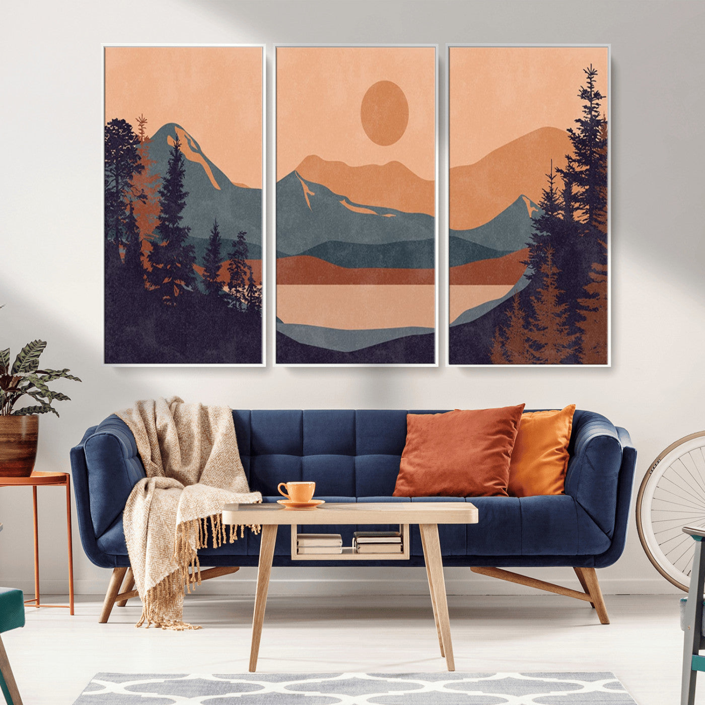 62795-MGV-CV-36X24-Minimalist Mountain Landscape Wall Art – Abstract Sunset Over Peaks and Pine Trees Canvas Print, Modern Nature Decor for Living