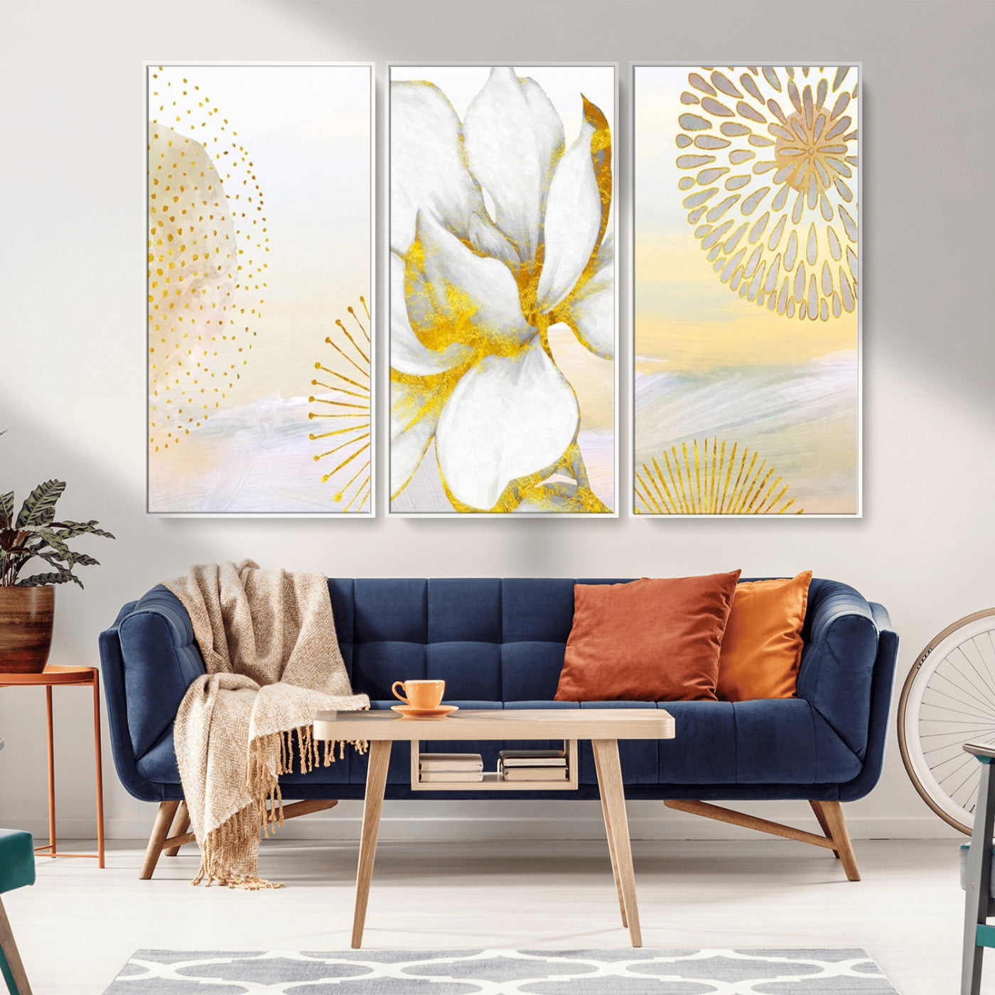 82301-MGV-CV-36X24-Modern Floral Wall Art – White Flower with Gold Detailing Canvas Print, Elegant Abstract Artwork for Living Room, Bedroom, or
