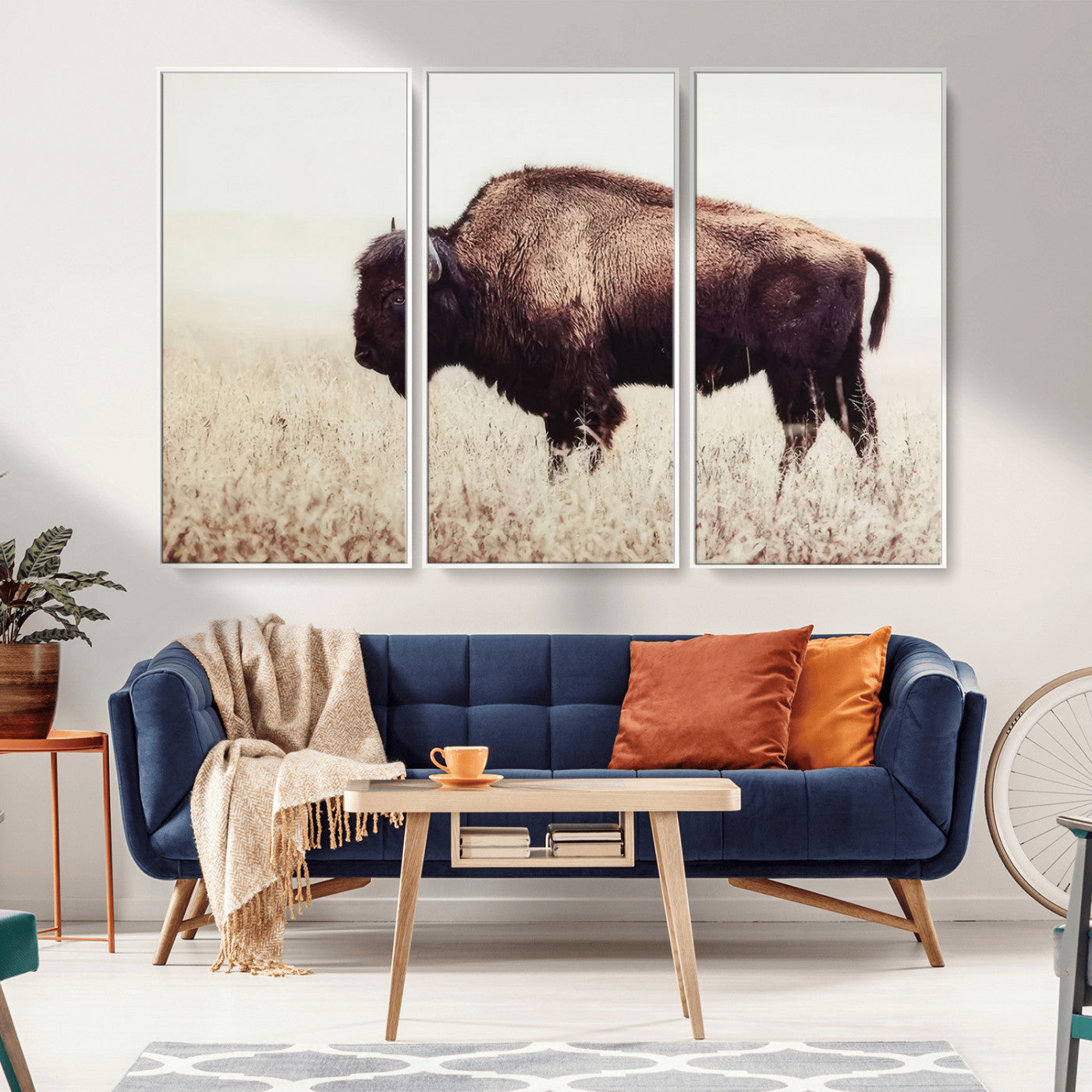 48406-MGV-FC-48X32-3P_White-American Bison Wall Art – Rustic Buffalo Canvas Print in Prairie Field, Western Wildlife Photography Decor for Cabin, Lodge,