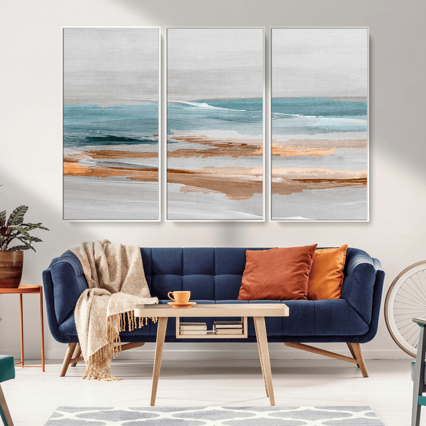 23430-MGV-FC-48X32-3P_White-Abstract Coastal Wall Art – Modern Ocean Horizon Canvas Print, Minimalist Beach Scene Painting for Bedroom, Living Room, Office or