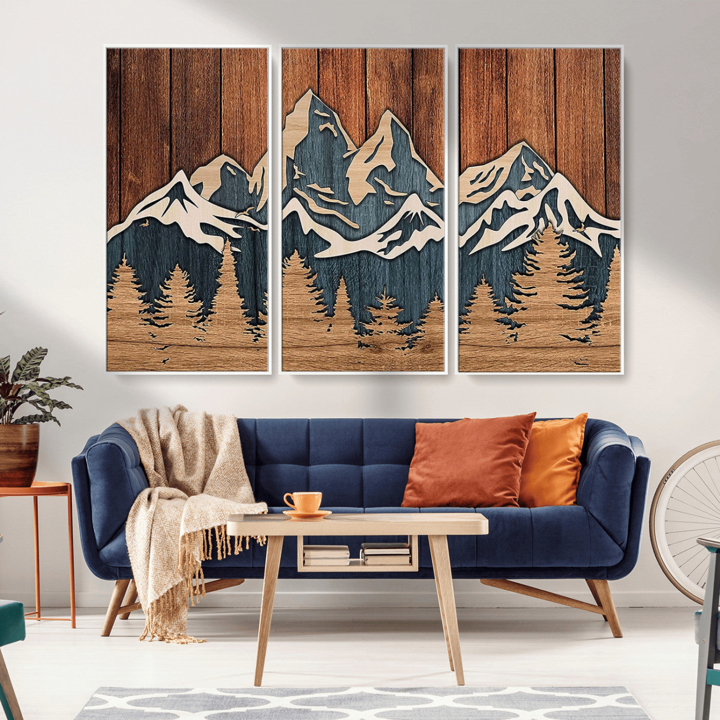 41330-MGV-FC-48X32-3P_White-Rustic Mountain Wall Art – Wooden Nature Scene with Trees and Peaks, Handmade 3D Layered Decor for Living Room, Cabin or Office