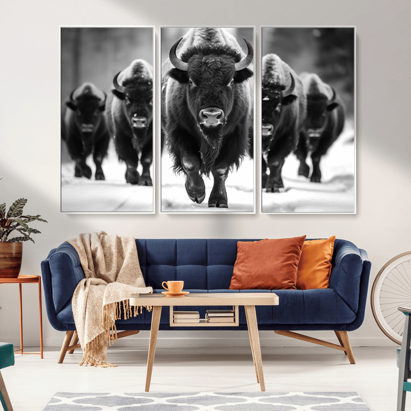79872-MGV-CV-36X24-Bison Herd Wall Art – Black and White Buffalo on Snow Canvas Print, Rustic Wildlife Decor for Lodge, Cabin, or Living Room